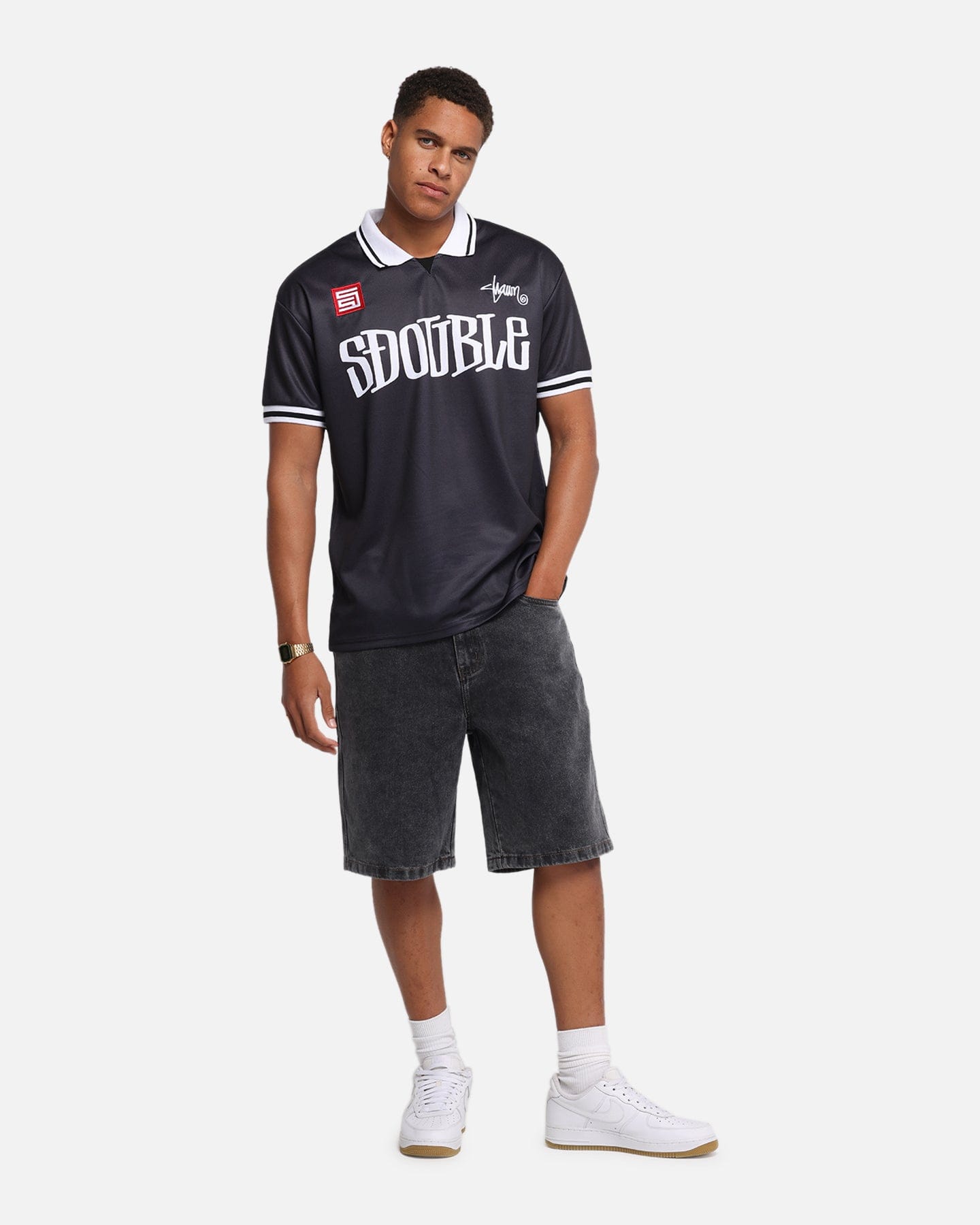 S Double Football Jersey Solid Black