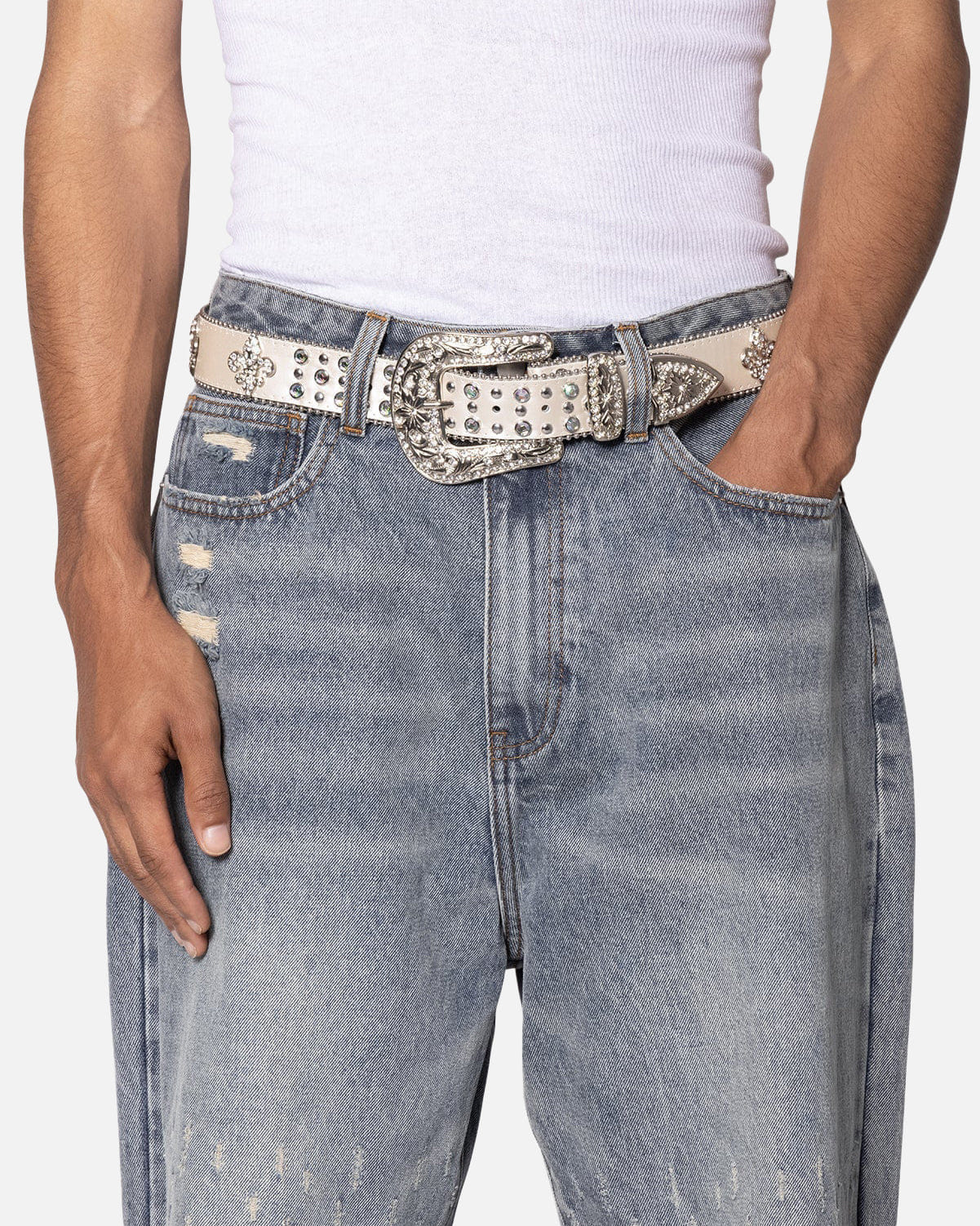 MNML Fleur Studded Rhinestone Belt Off White