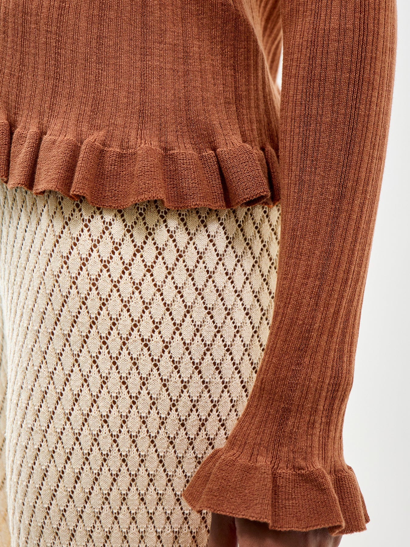 Nobody's Child Rib & Ruffle Sheer Knit Cardigan Red