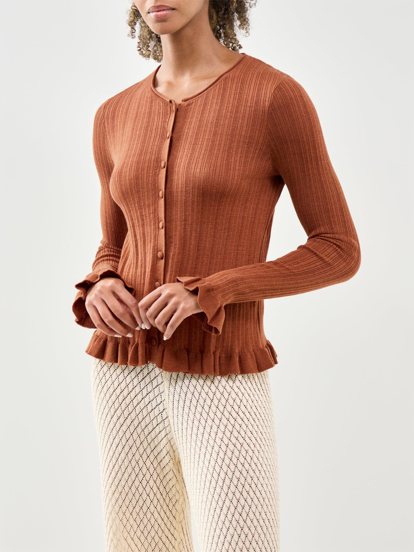 Nobody's Child Rib & Ruffle Sheer Knit Cardigan Red