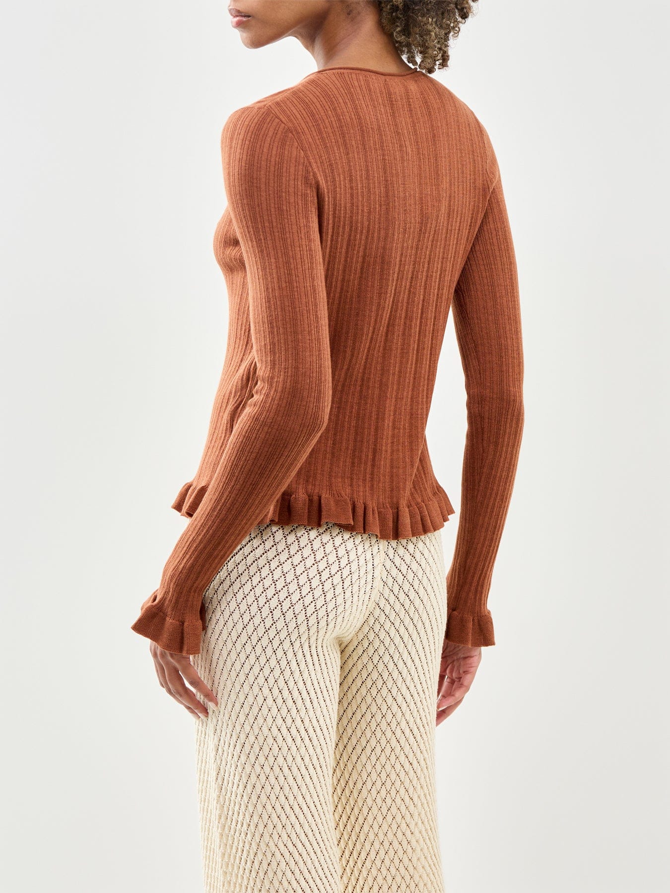 Nobody's Child Rib & Ruffle Sheer Knit Cardigan Red