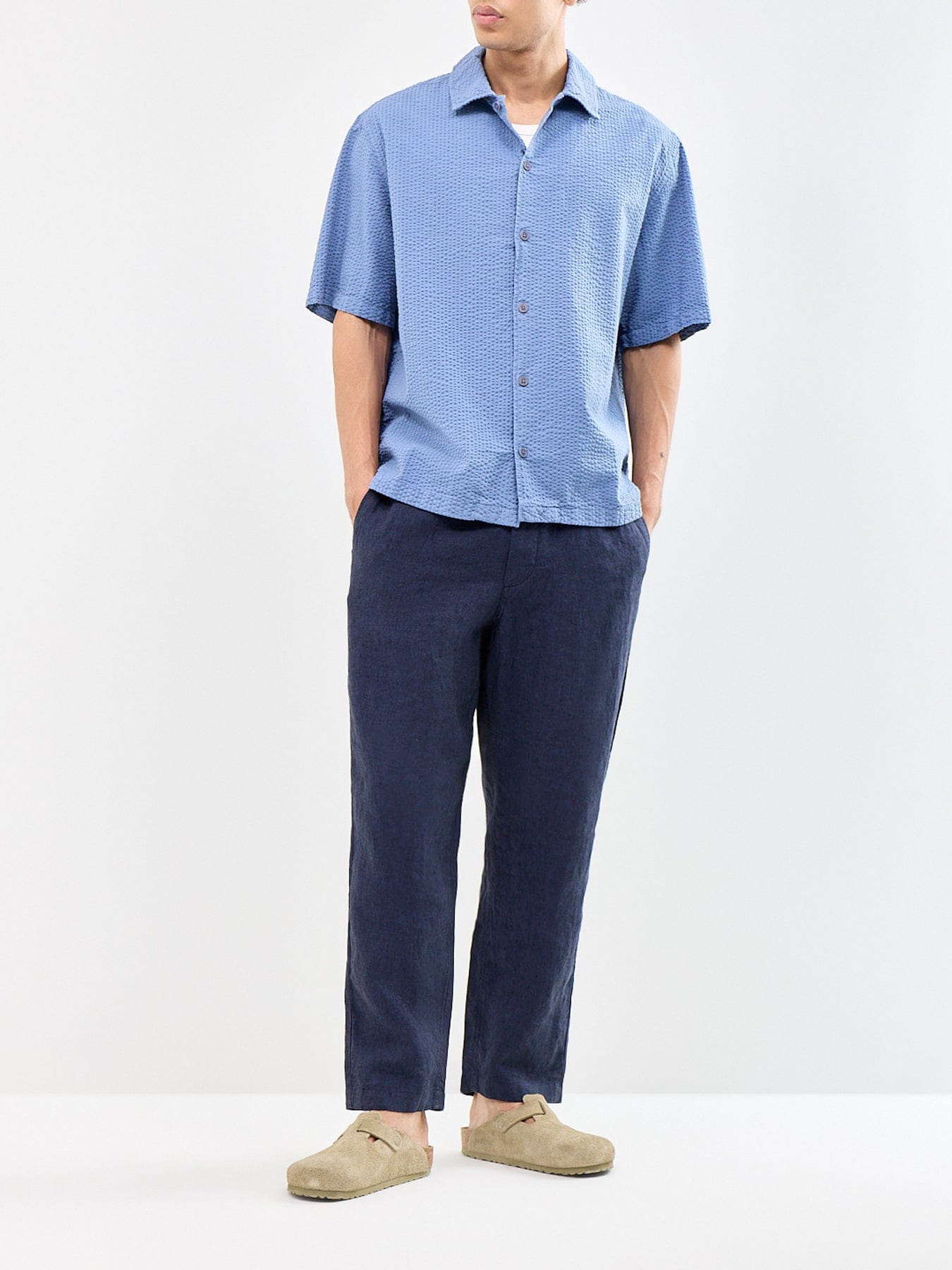 WAX London Keats Cotton Seersucker Short Sleeve Shirt Blue