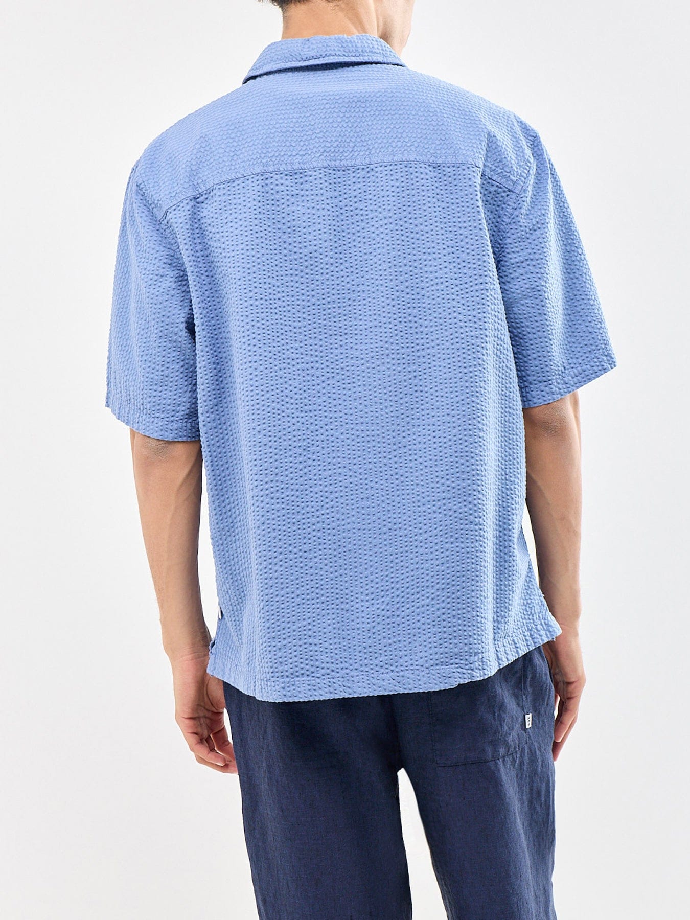 WAX London Keats Cotton Seersucker Short Sleeve Shirt Blue
