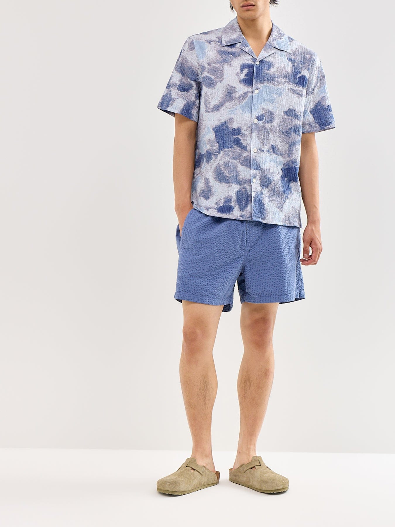 WAX London Didcot Watercolour Print Short Sleeve Shirt Blue