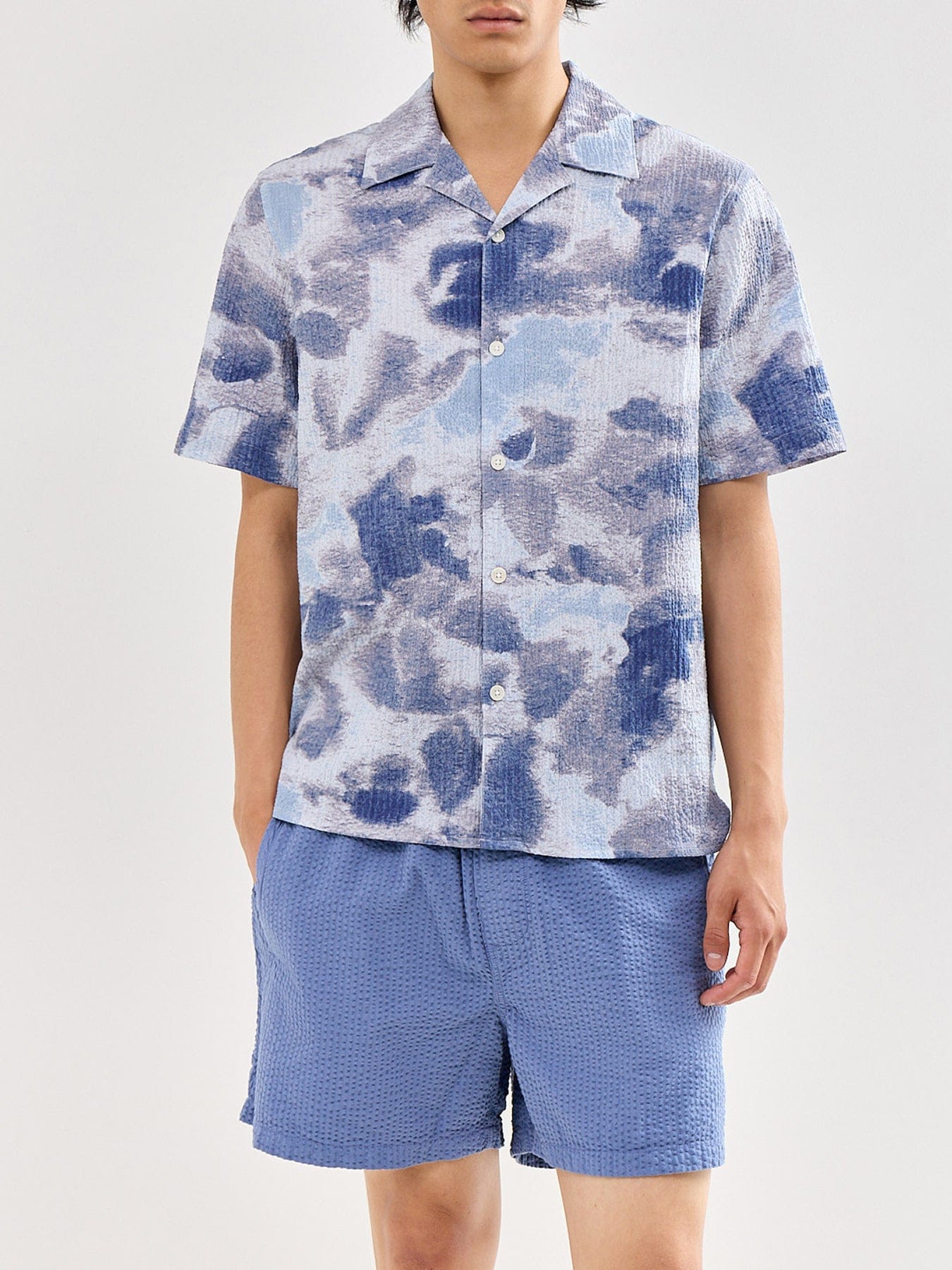 WAX London Didcot Watercolour Print Short Sleeve Shirt Blue