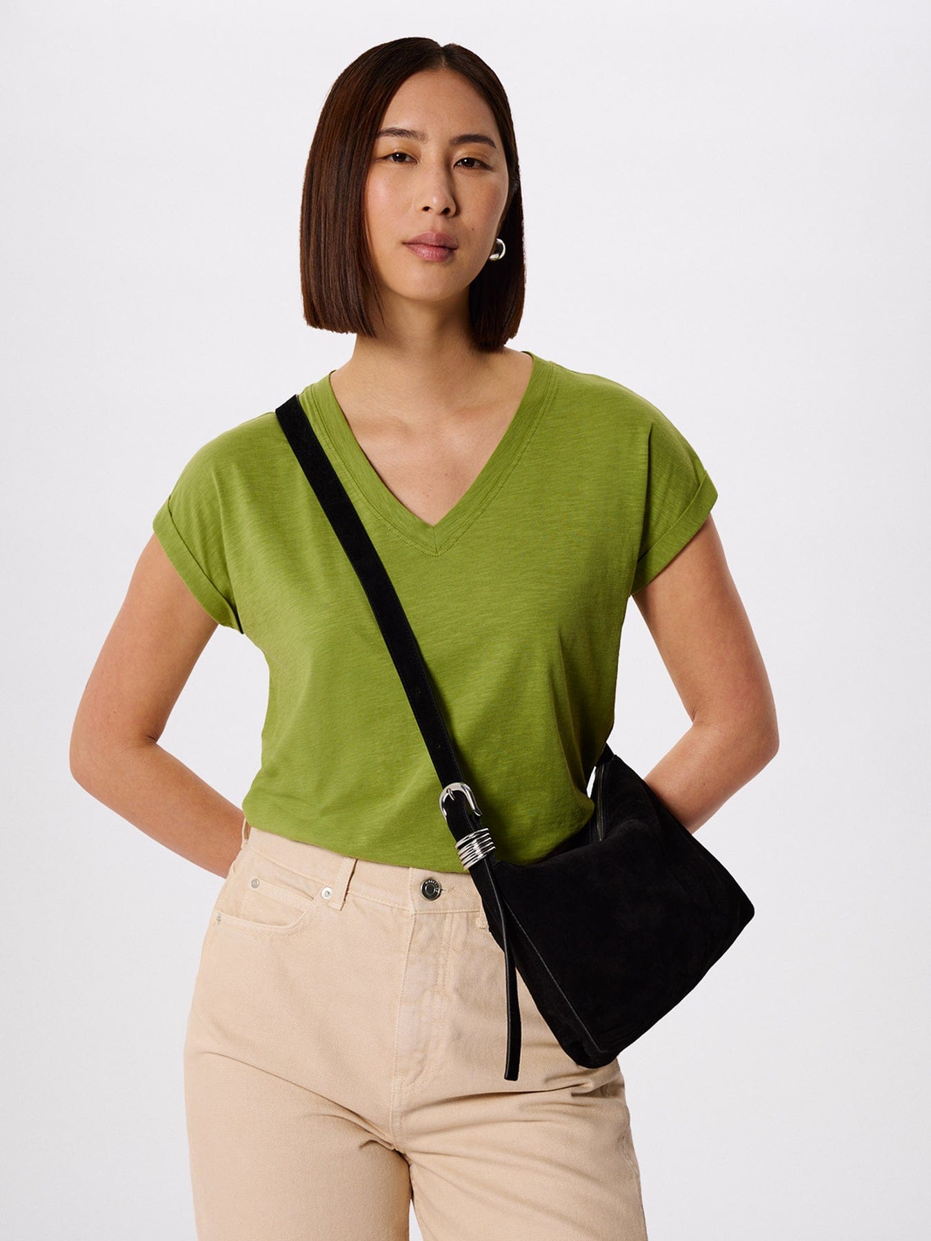Whistles Willa V - Neck Cap Sleeve T-Shirt Green