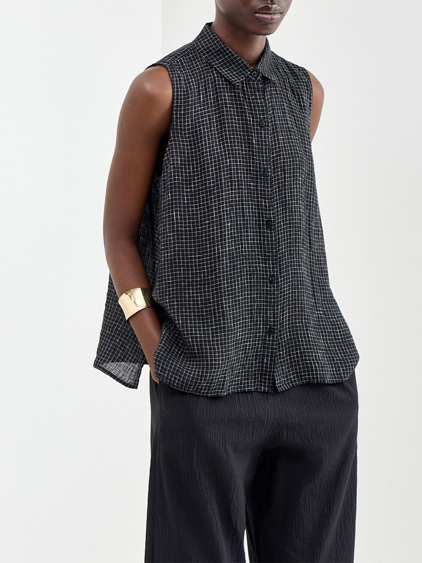 Eileen Fisher Classic Collar Sleeveless Shirt Black