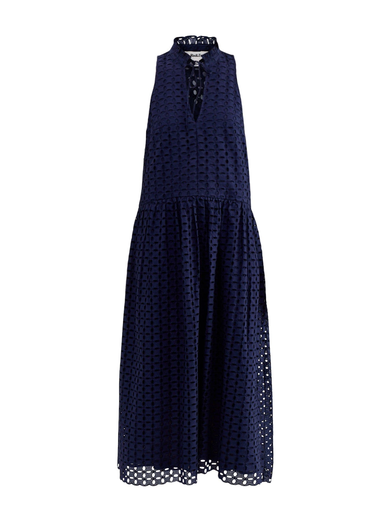 Ro and Zo Navy Broderie V - Neck Midi Dress Navy