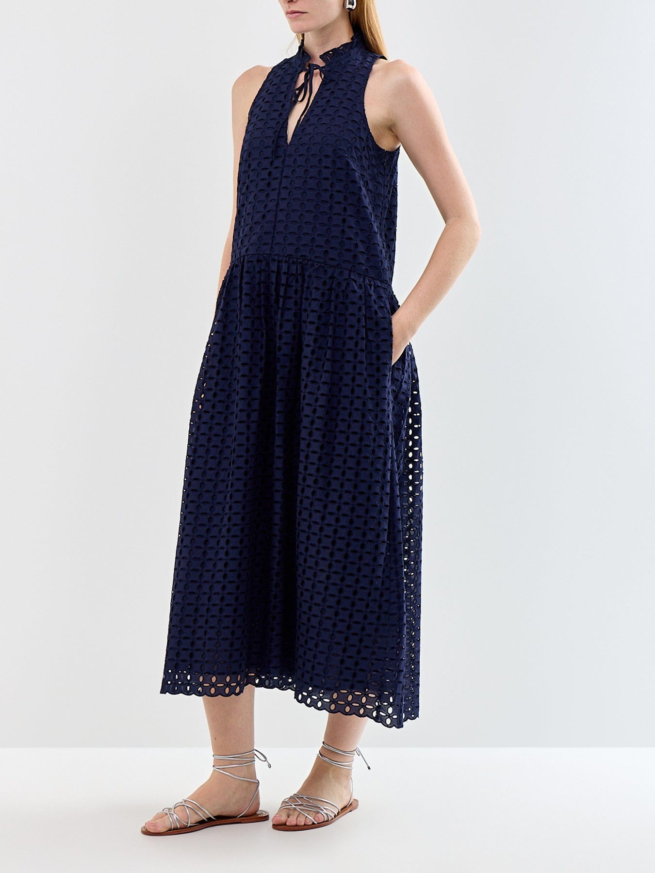 Ro and Zo Navy Broderie V - Neck Midi Dress Navy