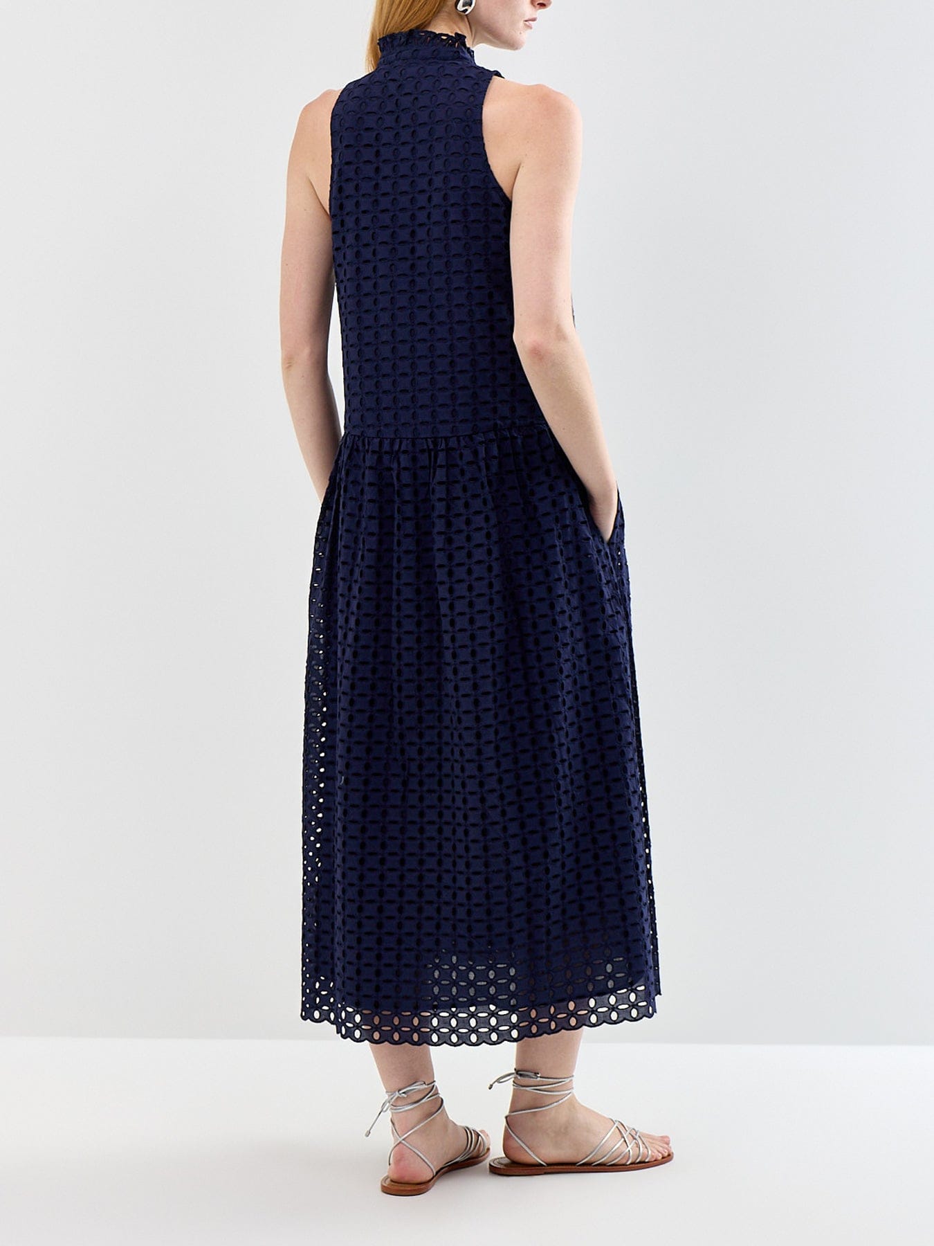 Ro and Zo Navy Broderie V - Neck Midi Dress Navy