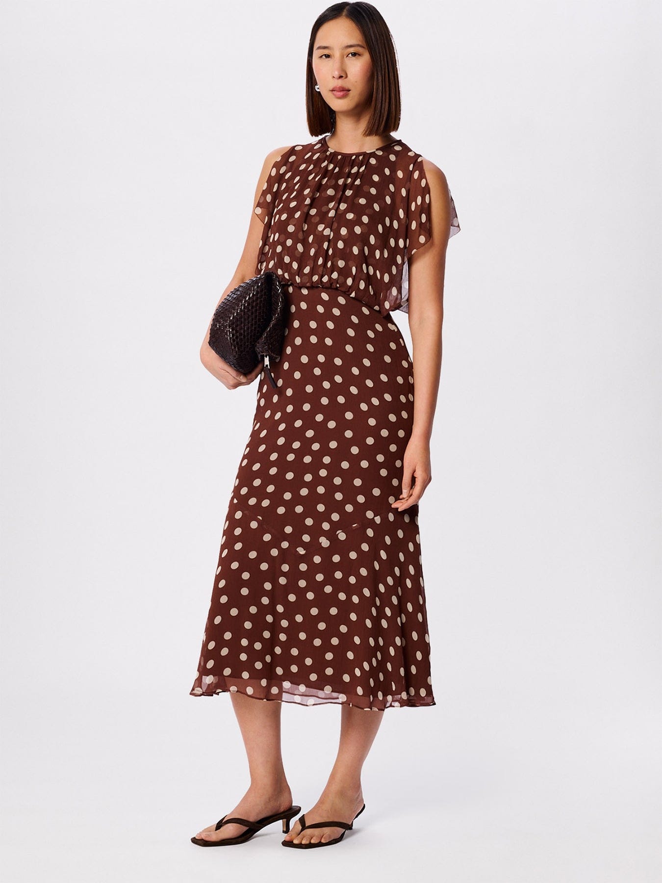 Whistles Polka Dot Print Midi Dress Brown