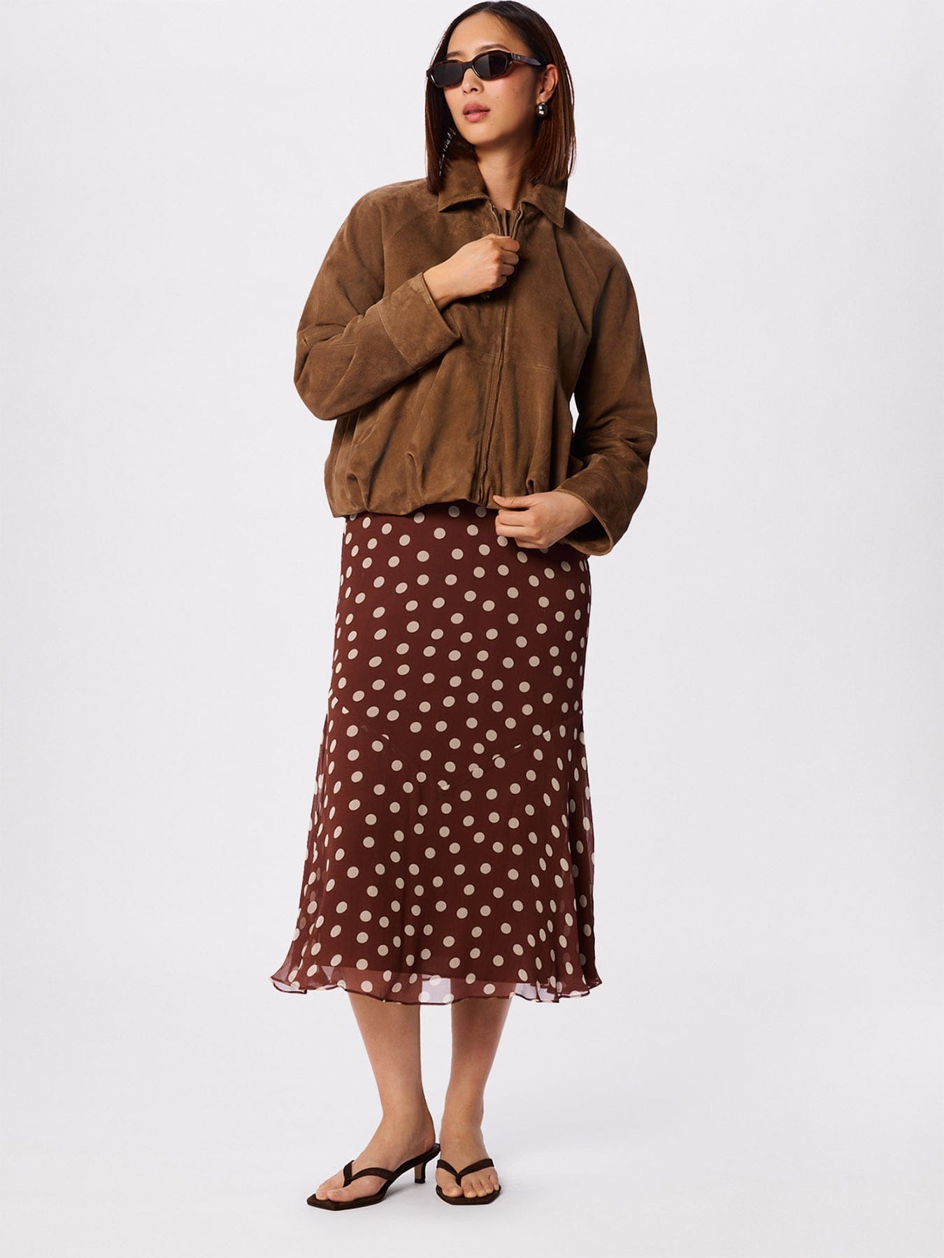 Whistles Polka Dot Print Midi Dress Brown