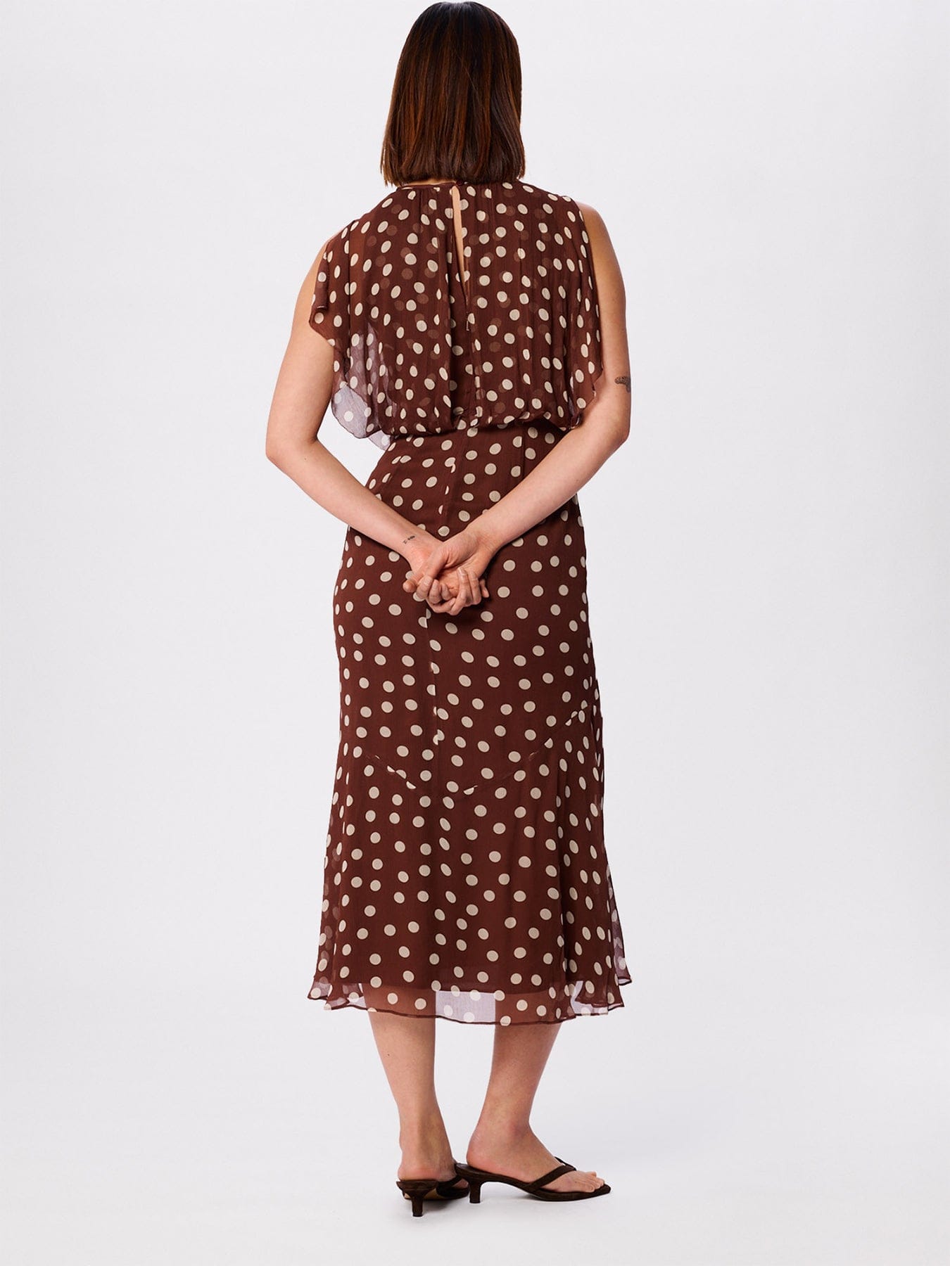 Whistles Polka Dot Print Midi Dress Brown
