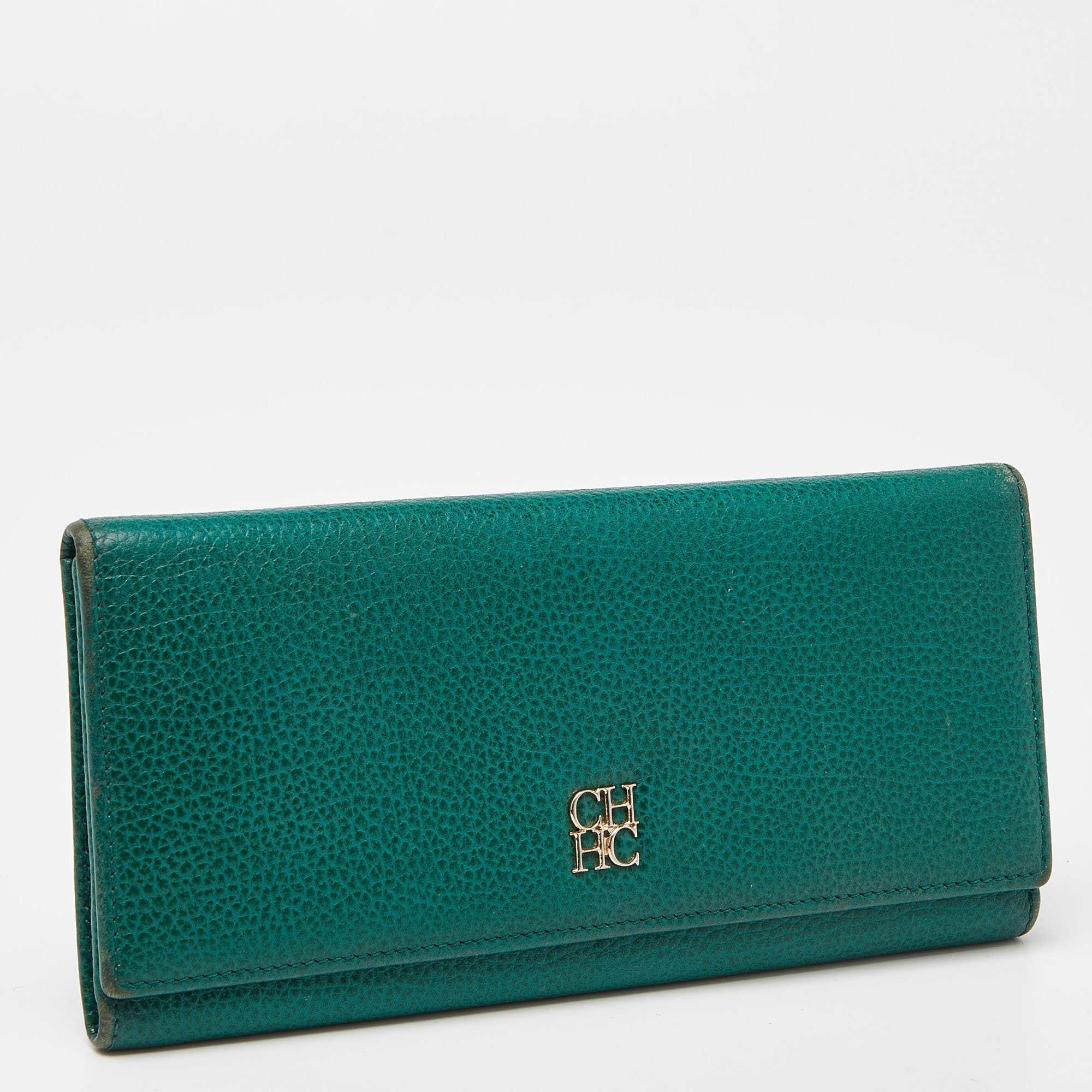 Ch Carolina Herrera Green Leather Flap Trifold Continental Wallet