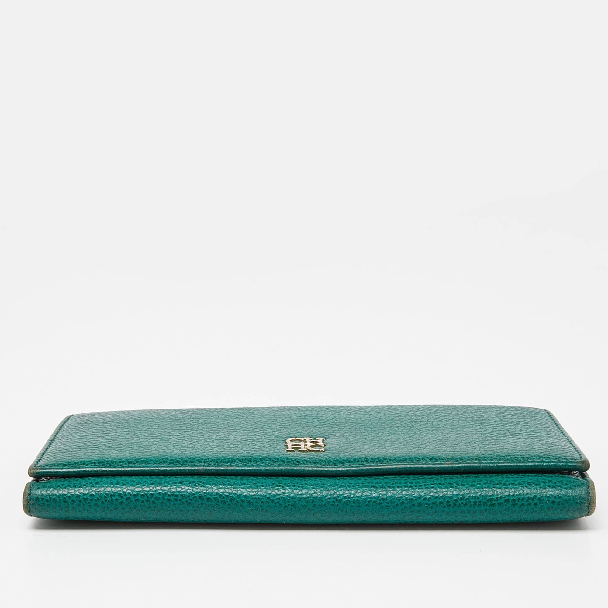 Ch Carolina Herrera Green Leather Flap Trifold Continental Wallet