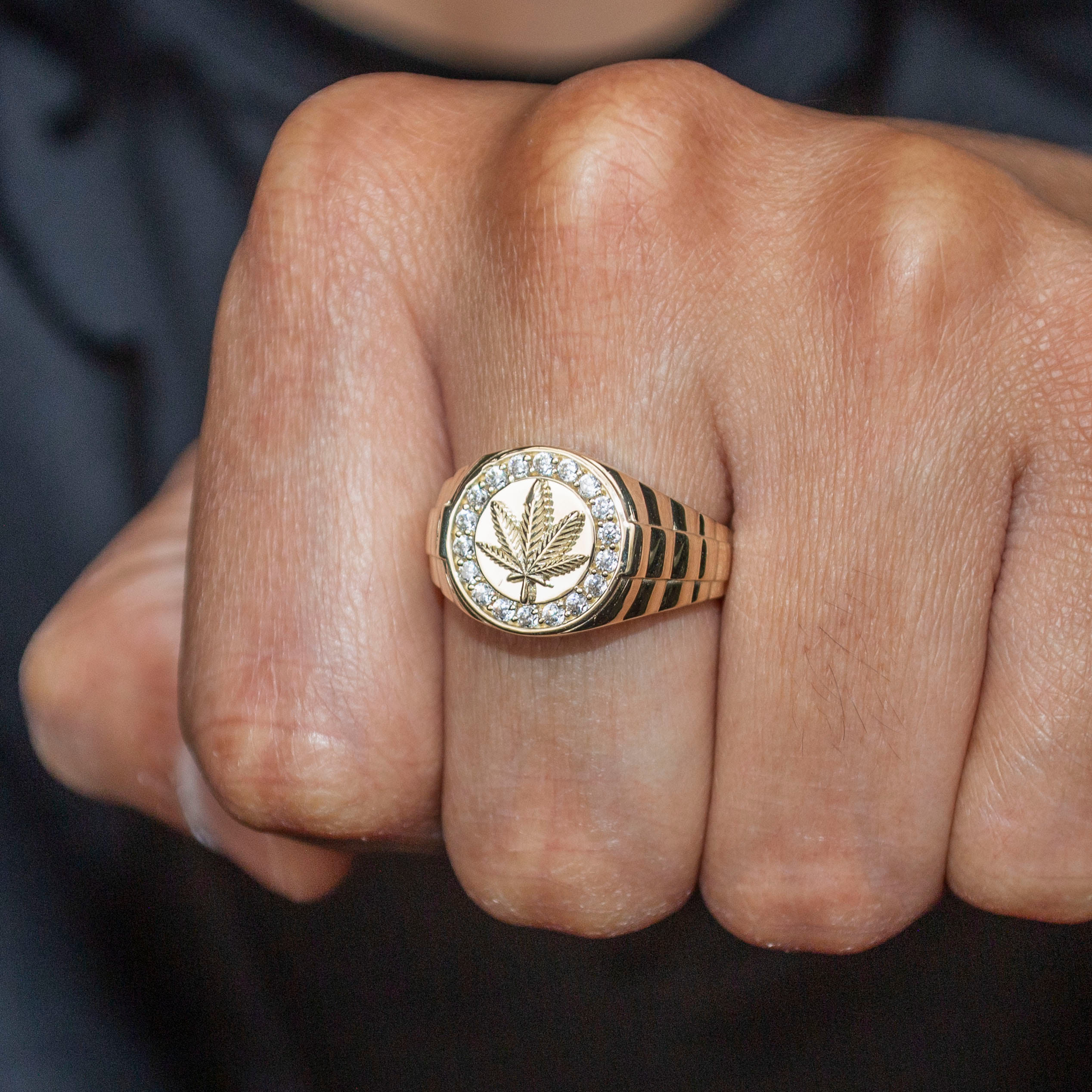 Manufacturer 1 10K Gold Cz Marijuana Leaf Ring For Men | 2.6 Grams