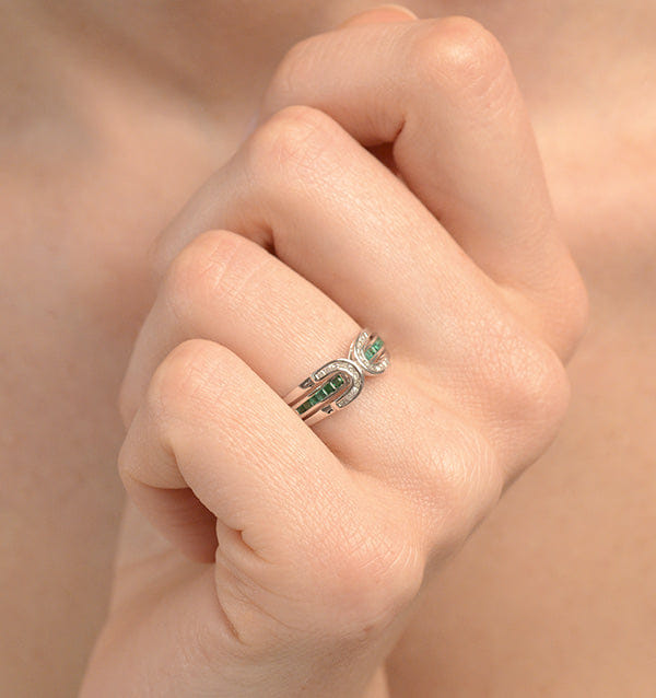 Diamond Emerald And 0.12CT Diamond Ring 9K White Gold