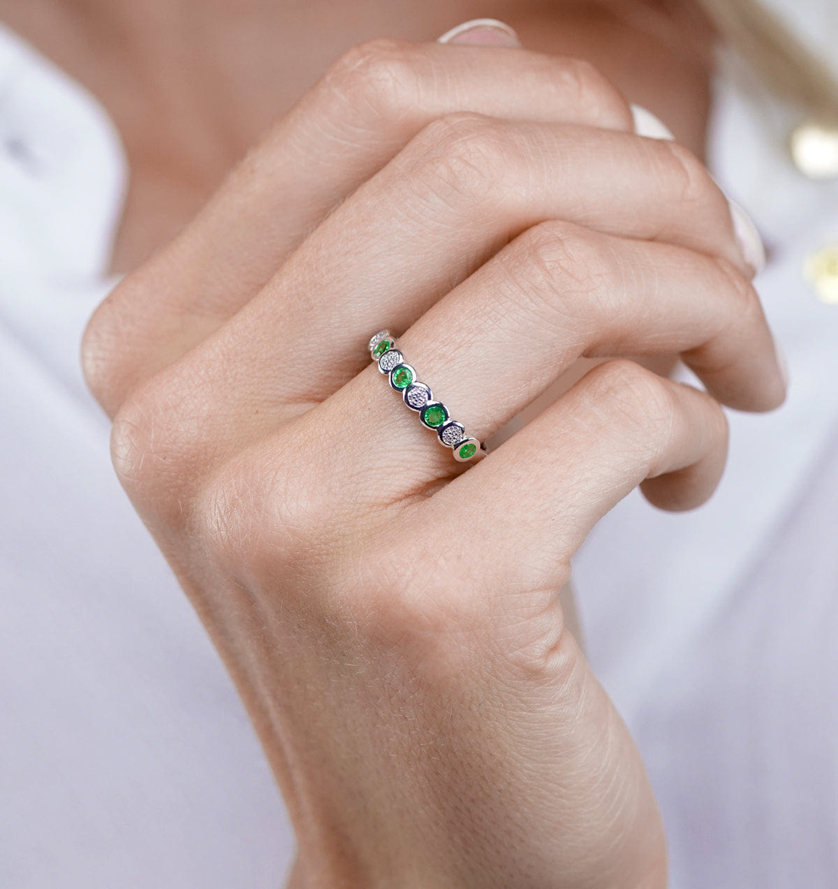 Diamond Stellato Emerald and Diamond Eternity Ring in 9K White Gold - SIZE I