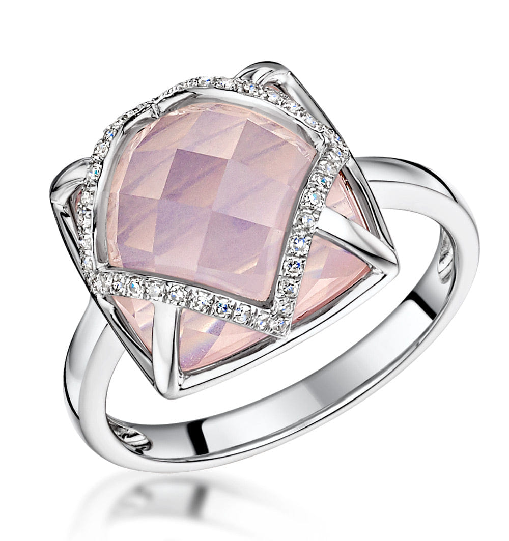 Diamond Stellato Collection Rose Quartz and Diamond Ring 9K White Gold SIZES AVAILABLE J K L
