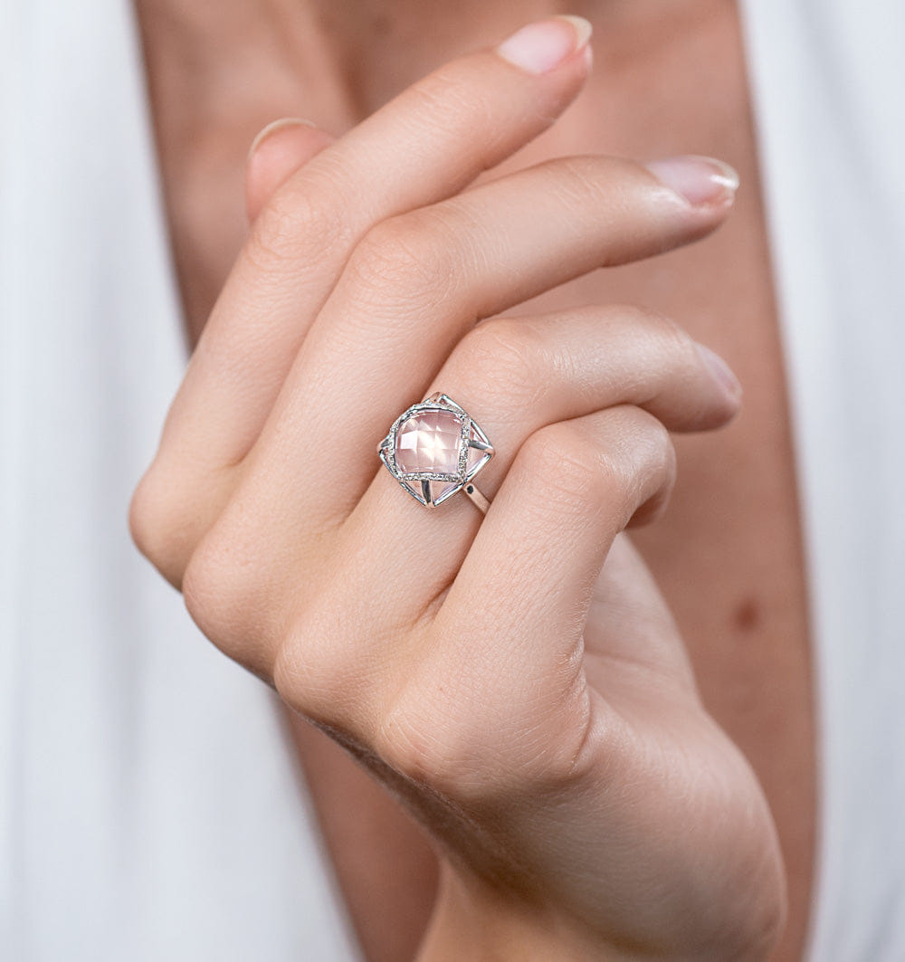 Diamond Stellato Collection Rose Quartz and Diamond Ring 9K White Gold SIZES AVAILABLE J K L