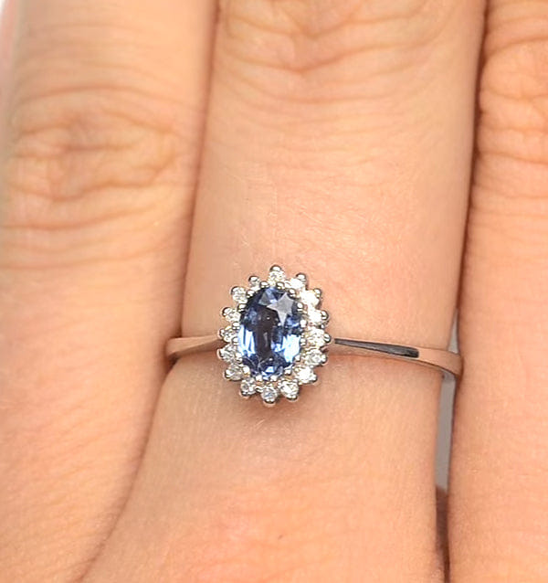 Diamond Sapphire 6 x 4 mm And Diamond 9K White Gold Ring A3906
