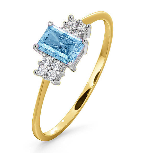 Diamond Blue Topaz 6 x 4 mm And Diamond Ring 9K Yellow Gold
