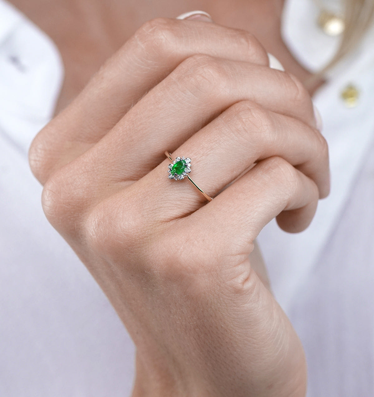 Diamond Emerald and Diamond Stellato Cluster Ring in 9K Gold