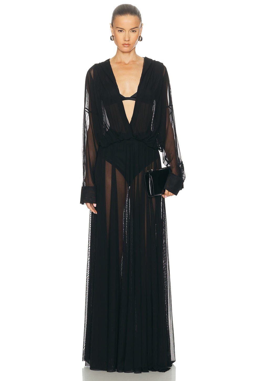 Norma Kamali Hooded Super Oversized Boyfriend Shirt Flared Gown