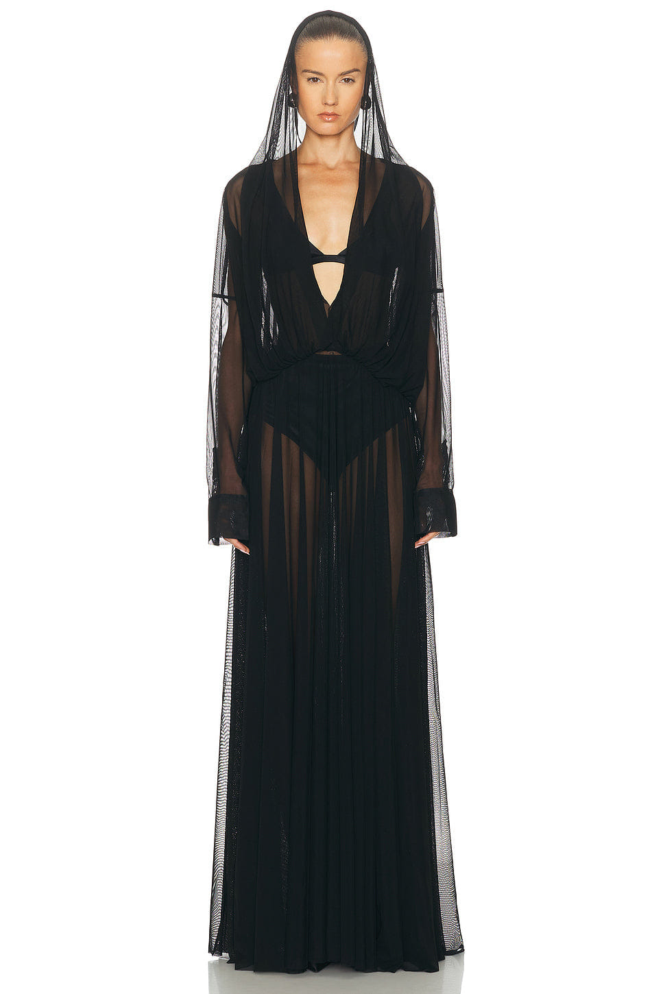 Norma Kamali Hooded Super Oversized Boyfriend Shirt Flared Gown