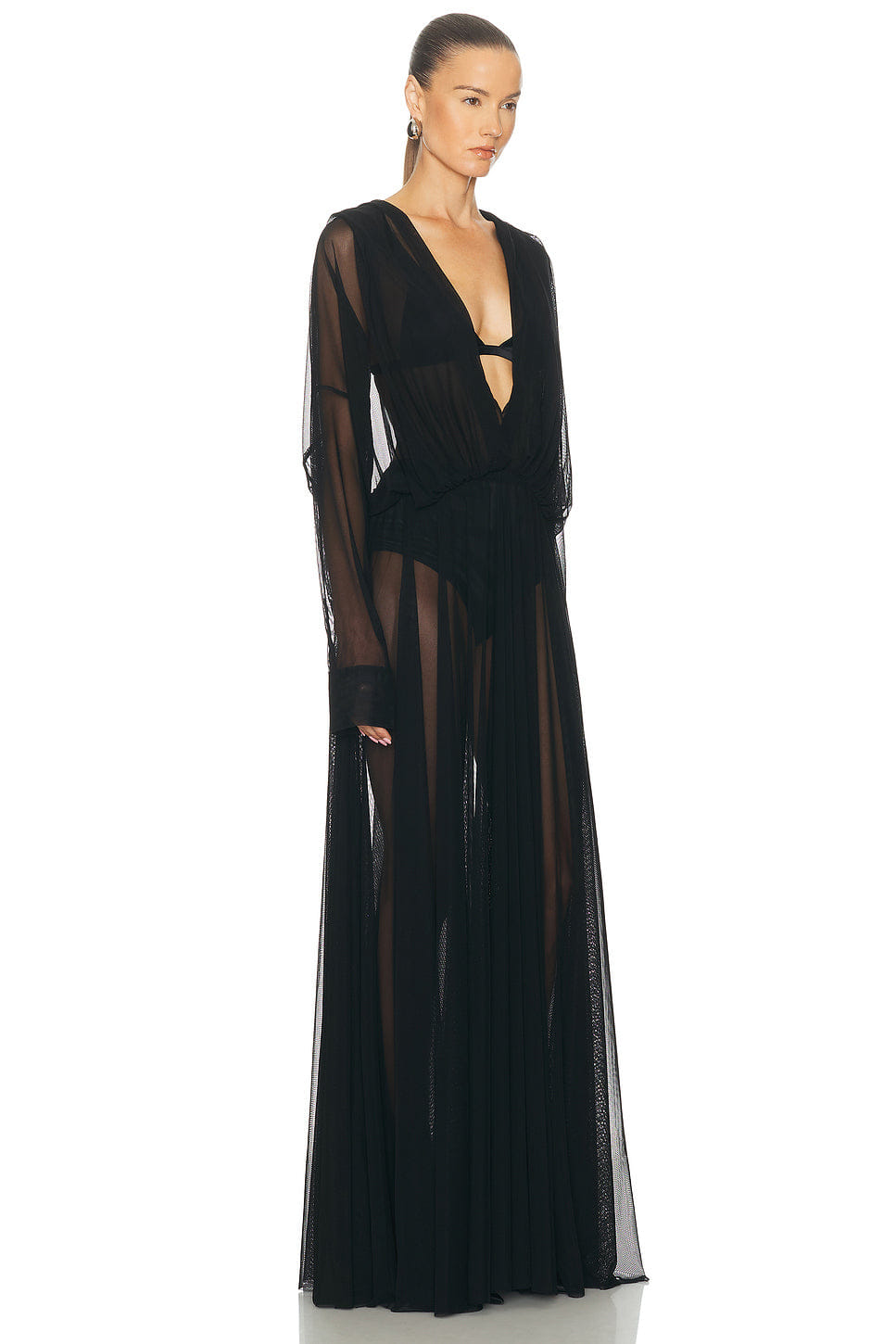 Norma Kamali Hooded Super Oversized Boyfriend Shirt Flared Gown