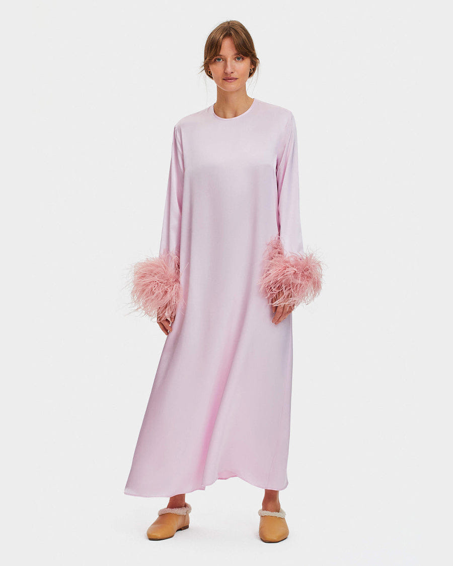 Sleeper Suzi Maxi Dress with Detachable Feathers in Pink