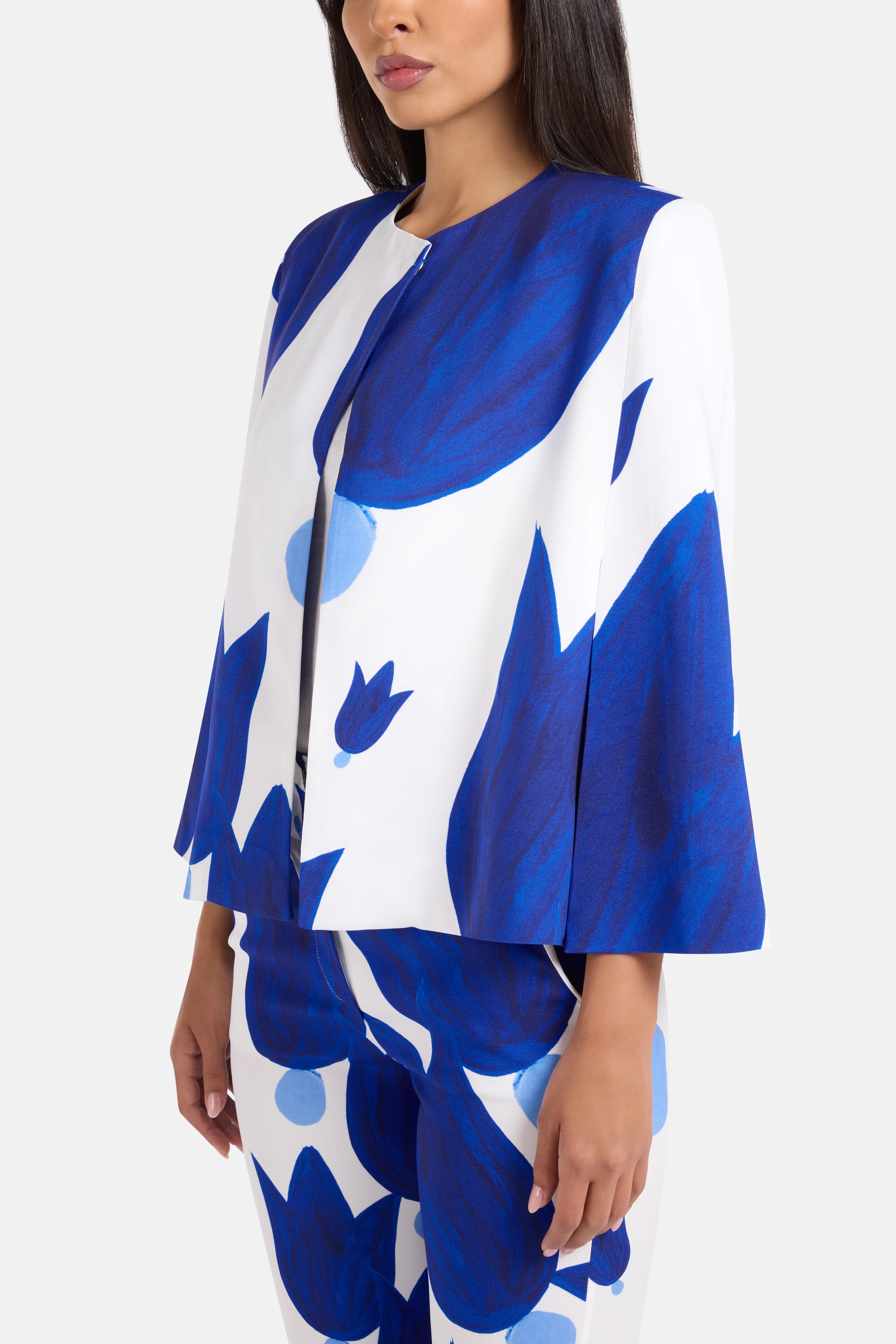 Themis Z Theano Patterned Cape Coat in Blue and White