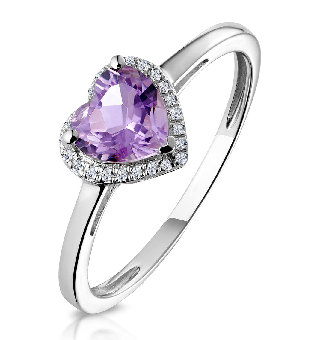 Diamond Halo Amethyst and Diamond Stellato Heart Ring in 9K White Gold