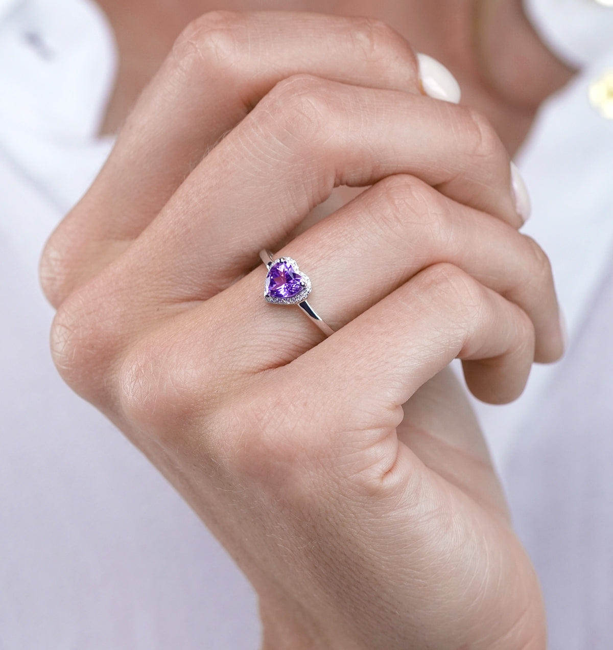 Diamond Halo Amethyst and Diamond Stellato Heart Ring in 9K White Gold