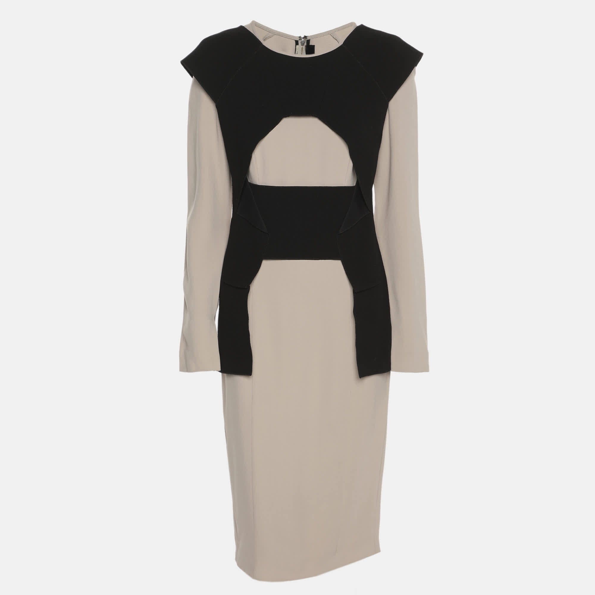 Roland Mouret Grey/black Stretch Crepe Long Sleeve Midi Dress