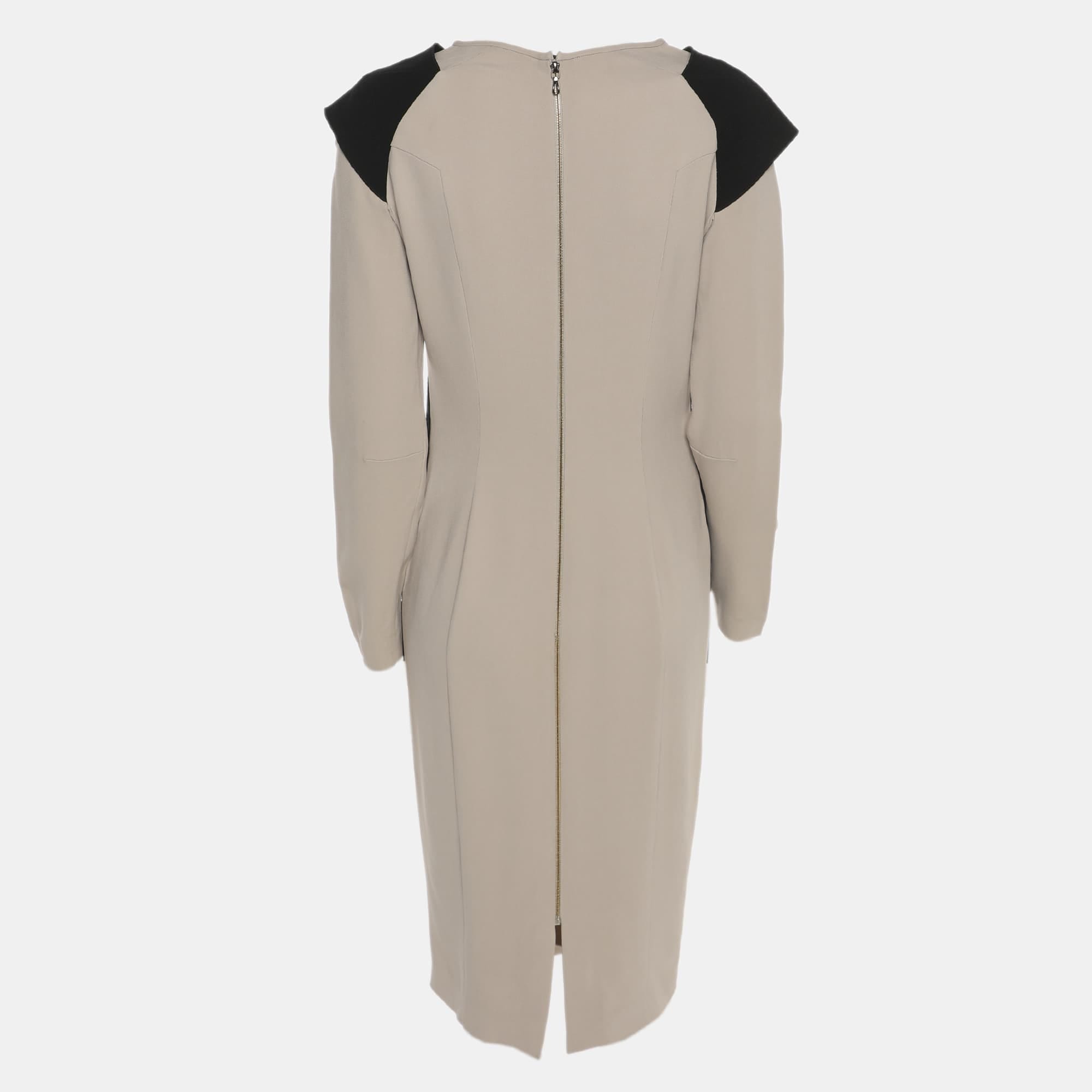 Roland Mouret Grey/black Stretch Crepe Long Sleeve Midi Dress