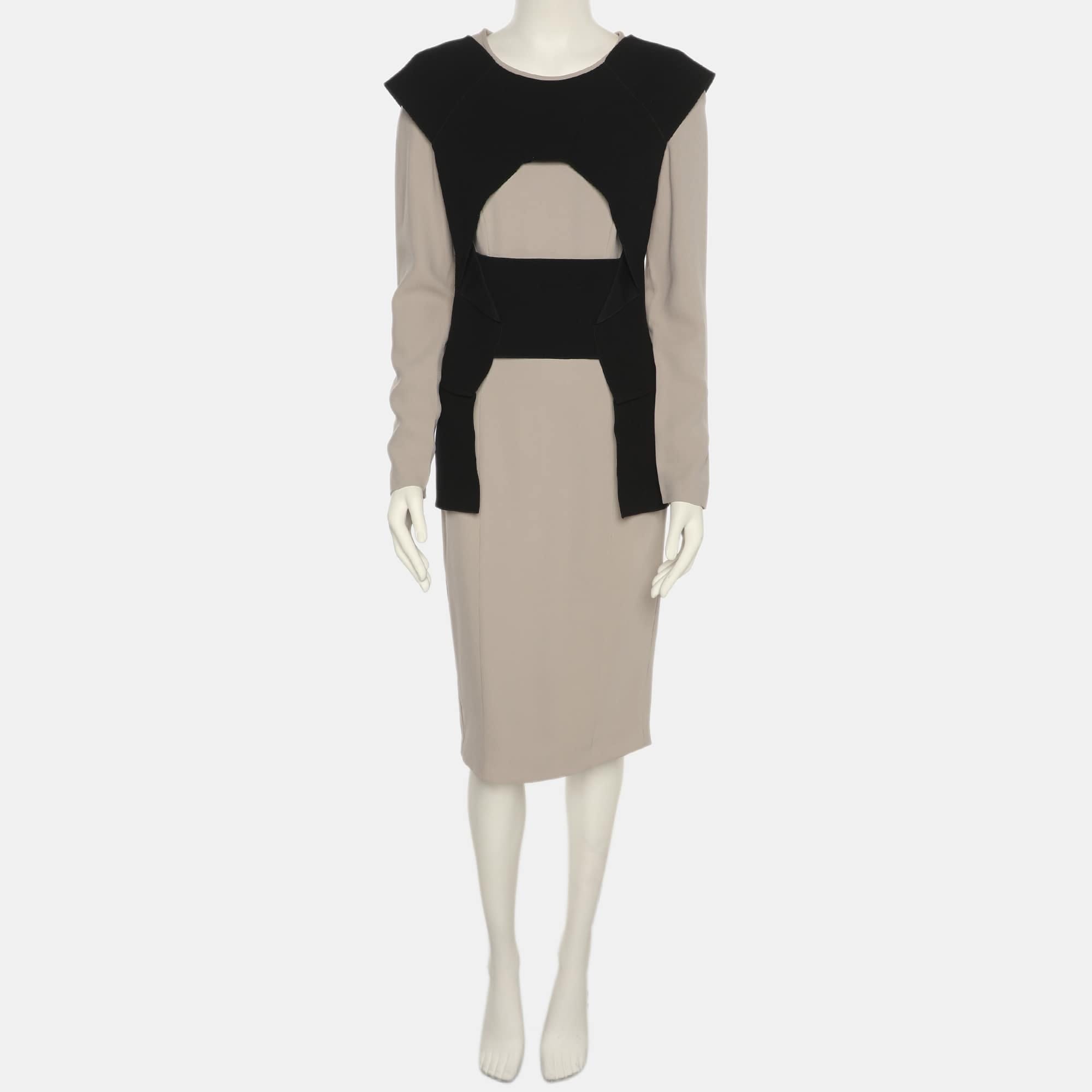 Roland Mouret Grey/black Stretch Crepe Long Sleeve Midi Dress