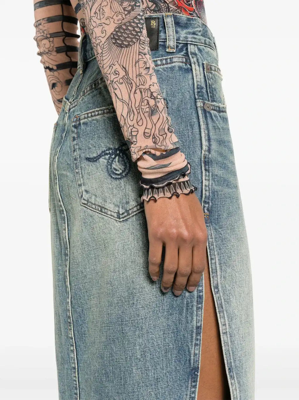 R13 Jupe longue en jean bleu