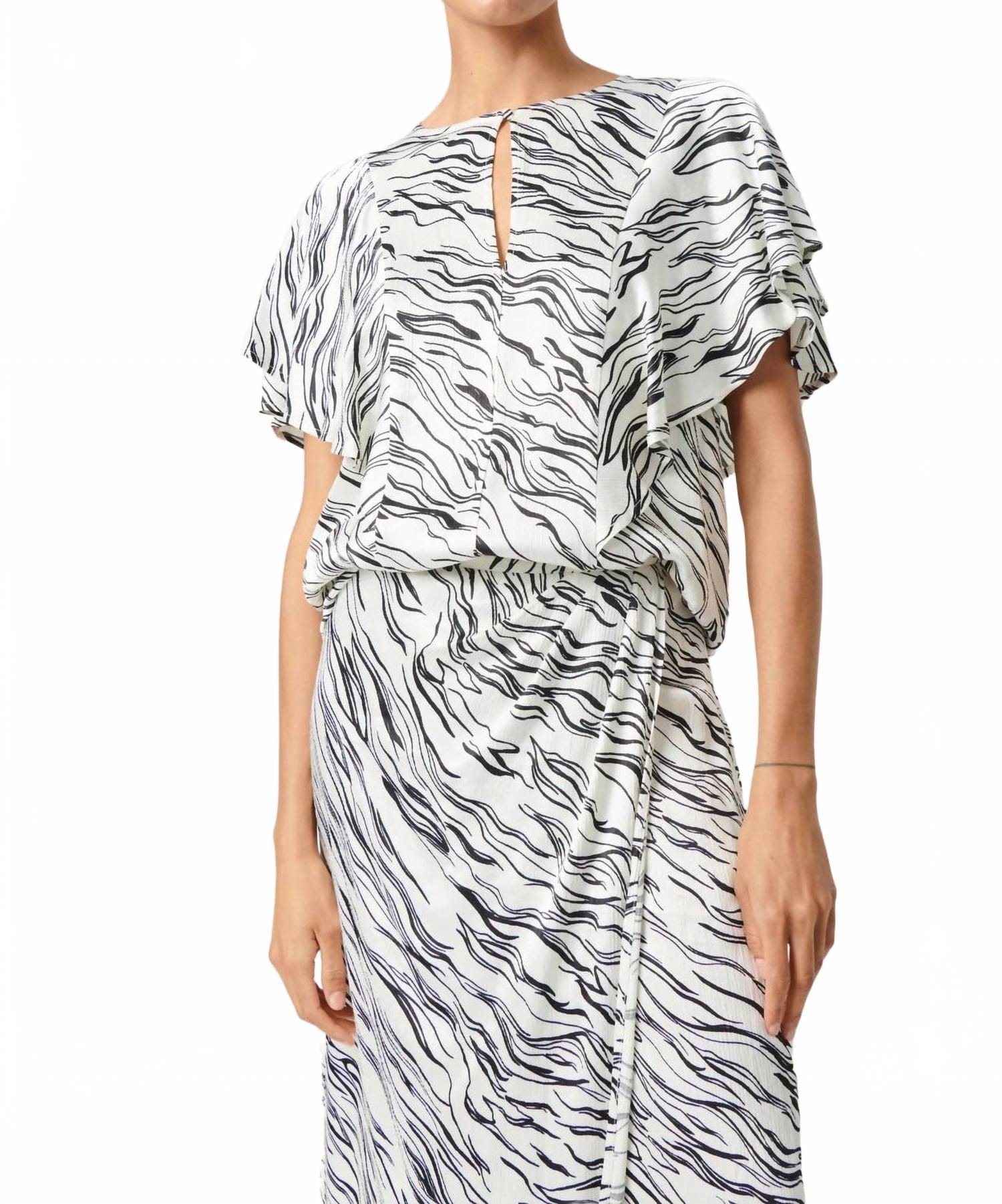 WHITE* Vinka Ruffle Sleeve Round Neck Blouse In White/black Wave Print