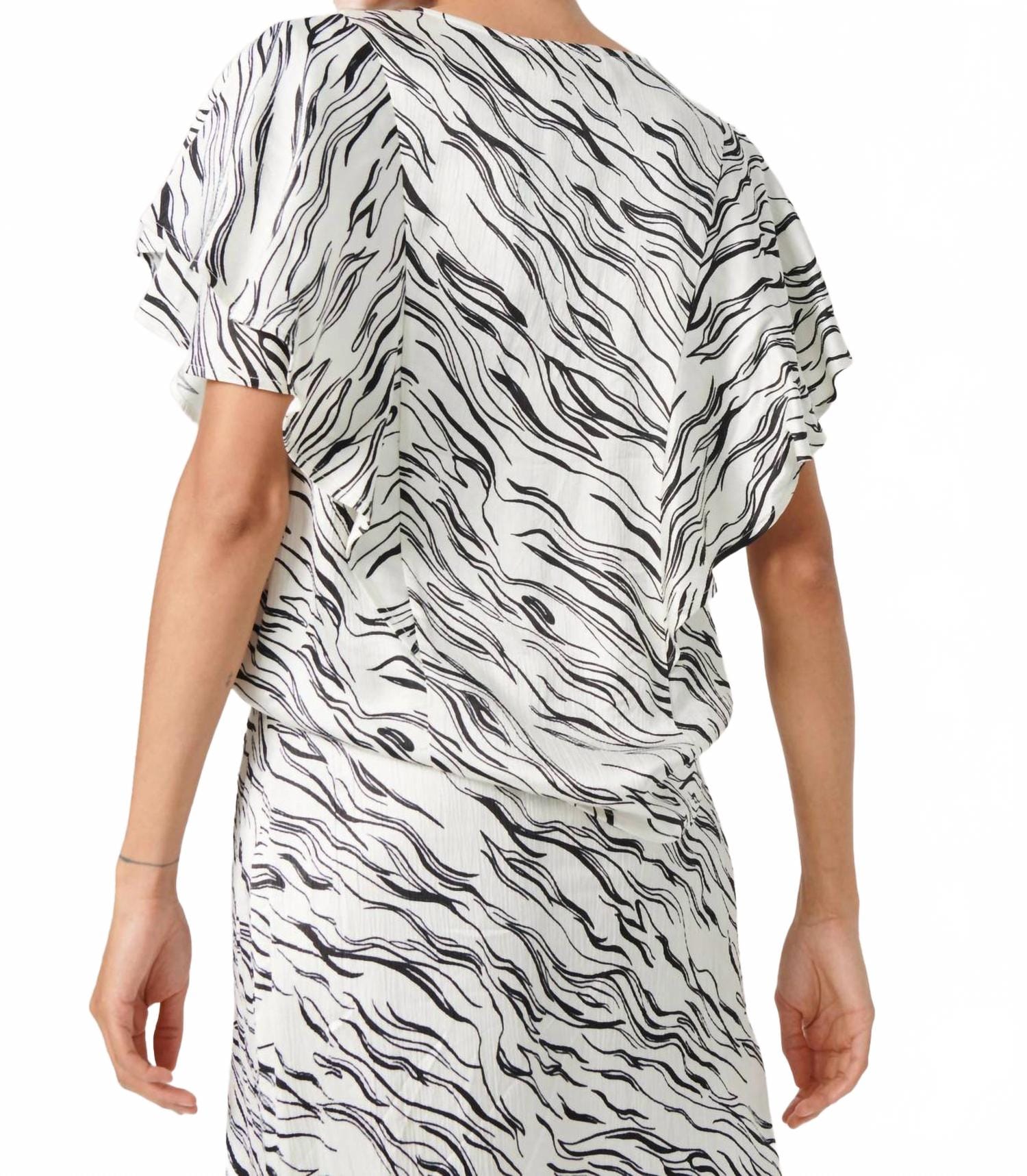 WHITE* Vinka Ruffle Sleeve Round Neck Blouse In White/black Wave Print