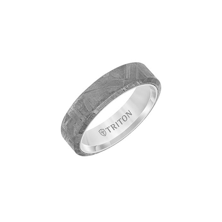 Triton Men's 6 mm Carved Tungsten Carbide Wedding Band with Meteorite Flat Profile and Bevel Edge