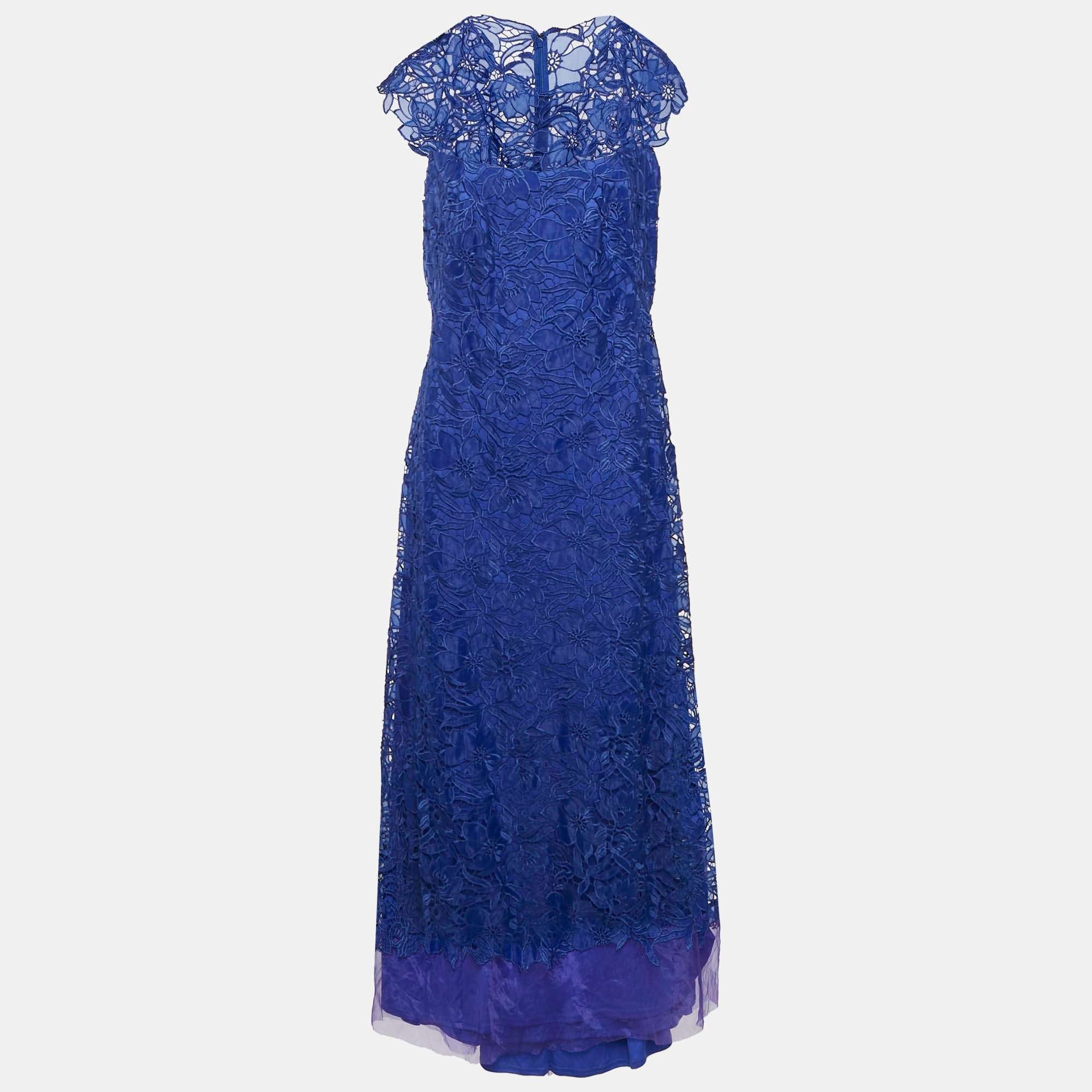 Tadashi Shoji Blue Floral Lace Cap Sleeve Milien Gown