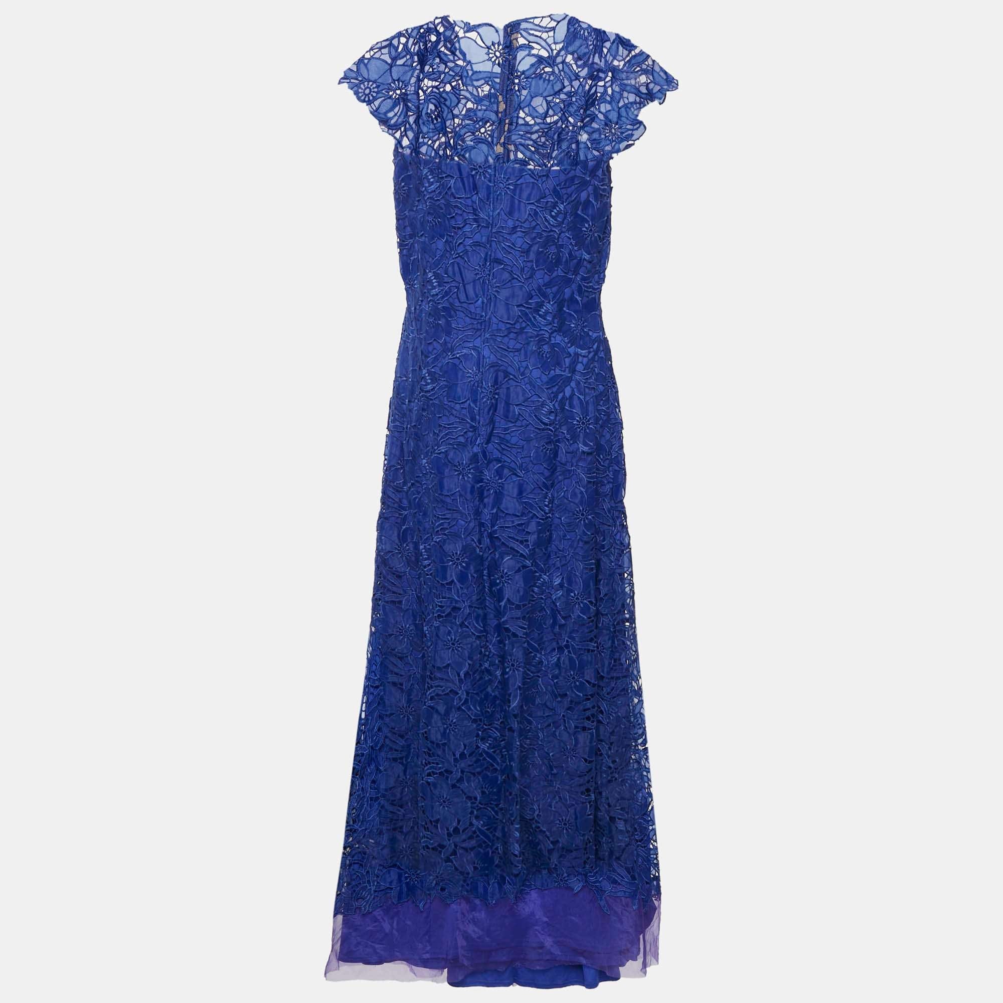 Tadashi Shoji Blue Floral Lace Cap Sleeve Milien Gown
