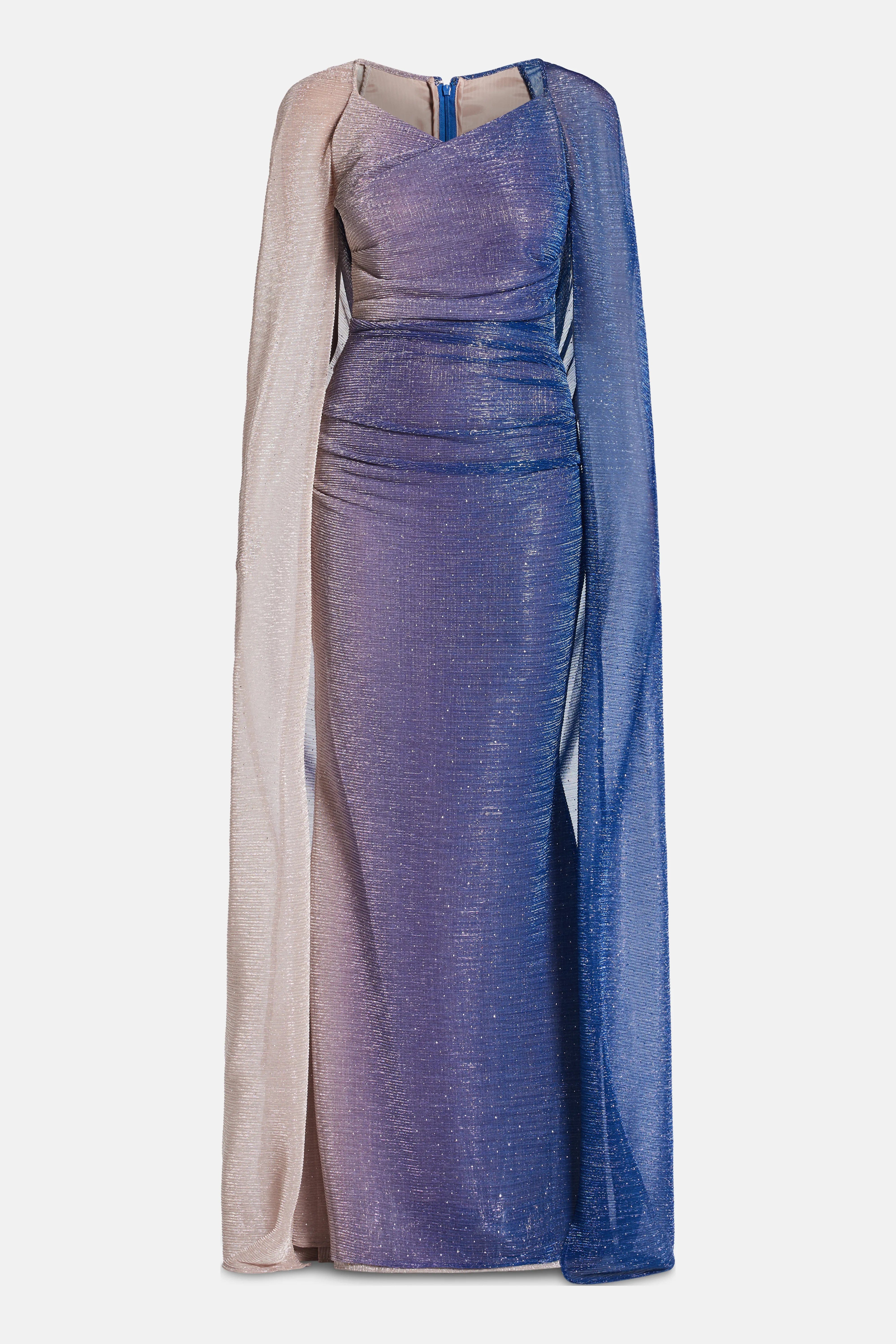 Talbot Runhof Voile Degrade Ombre Cape Evening Gown in Blue and Gold