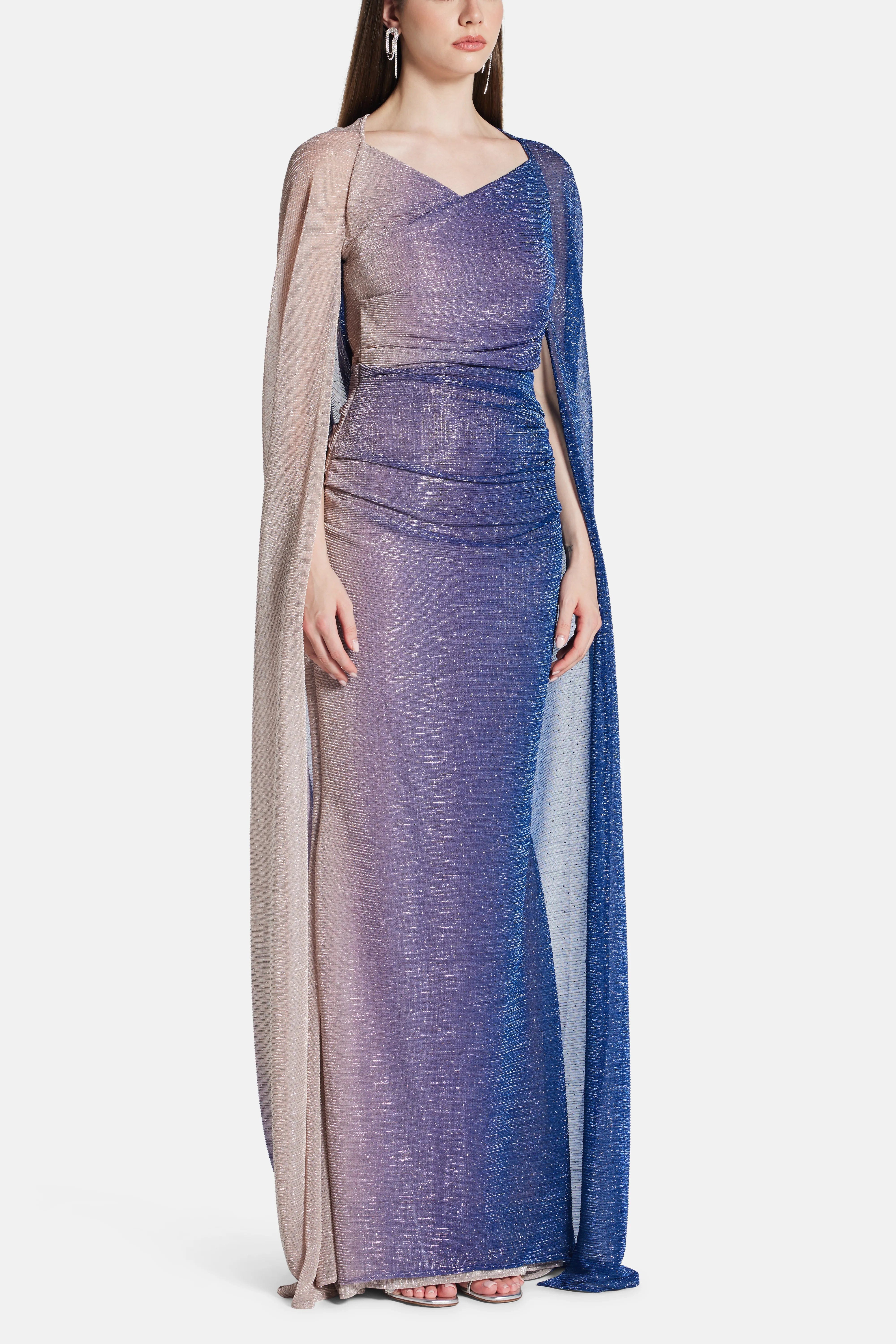 Talbot Runhof Voile Degrade Ombre Cape Evening Gown in Blue and Gold