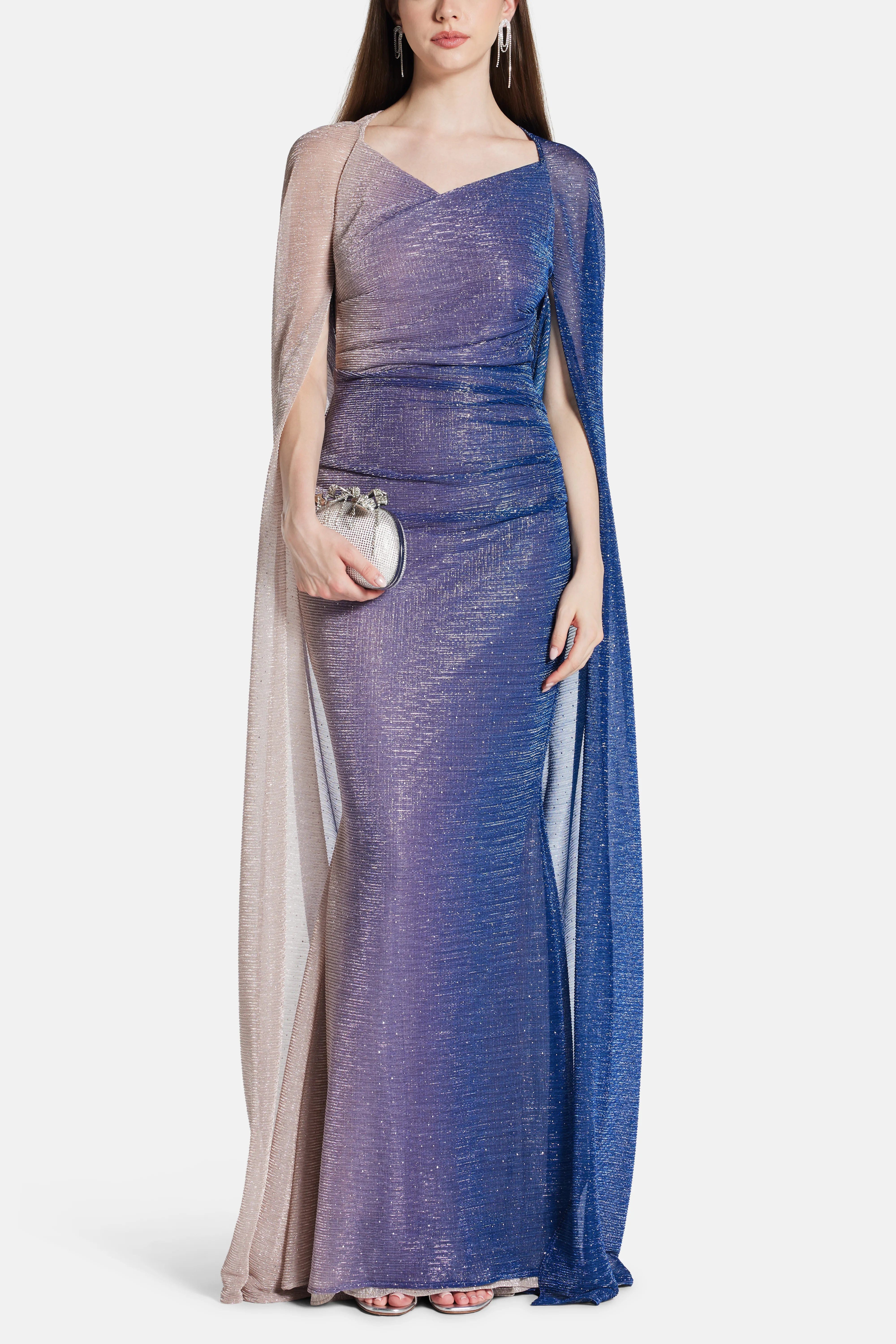 Talbot Runhof Voile Degrade Ombre Cape Evening Gown in Blue and Gold