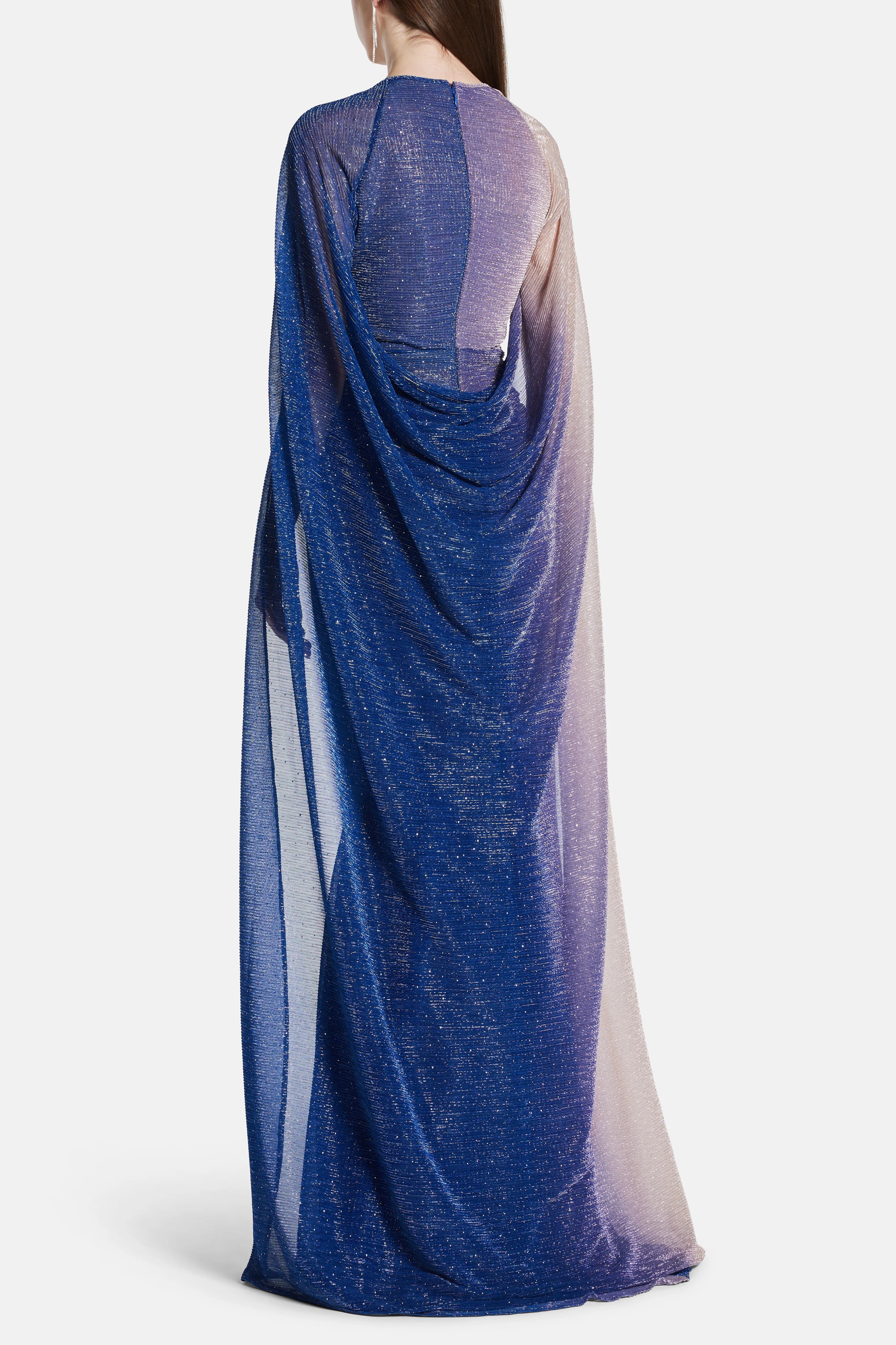 Talbot Runhof Voile Degrade Ombre Cape Evening Gown in Blue and Gold