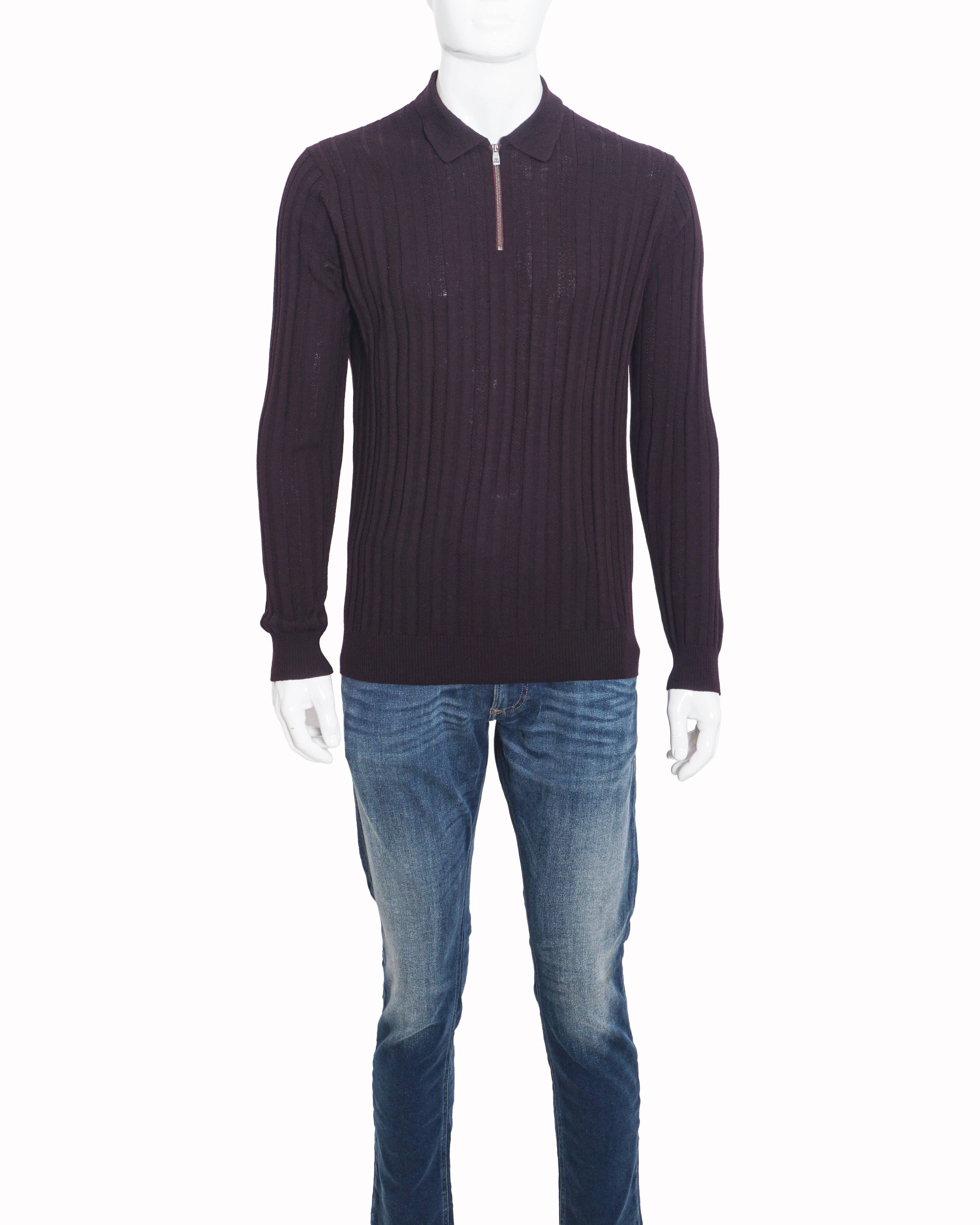 Corneliani Purple Ribbed Knit Half - Zip Polo Sweater