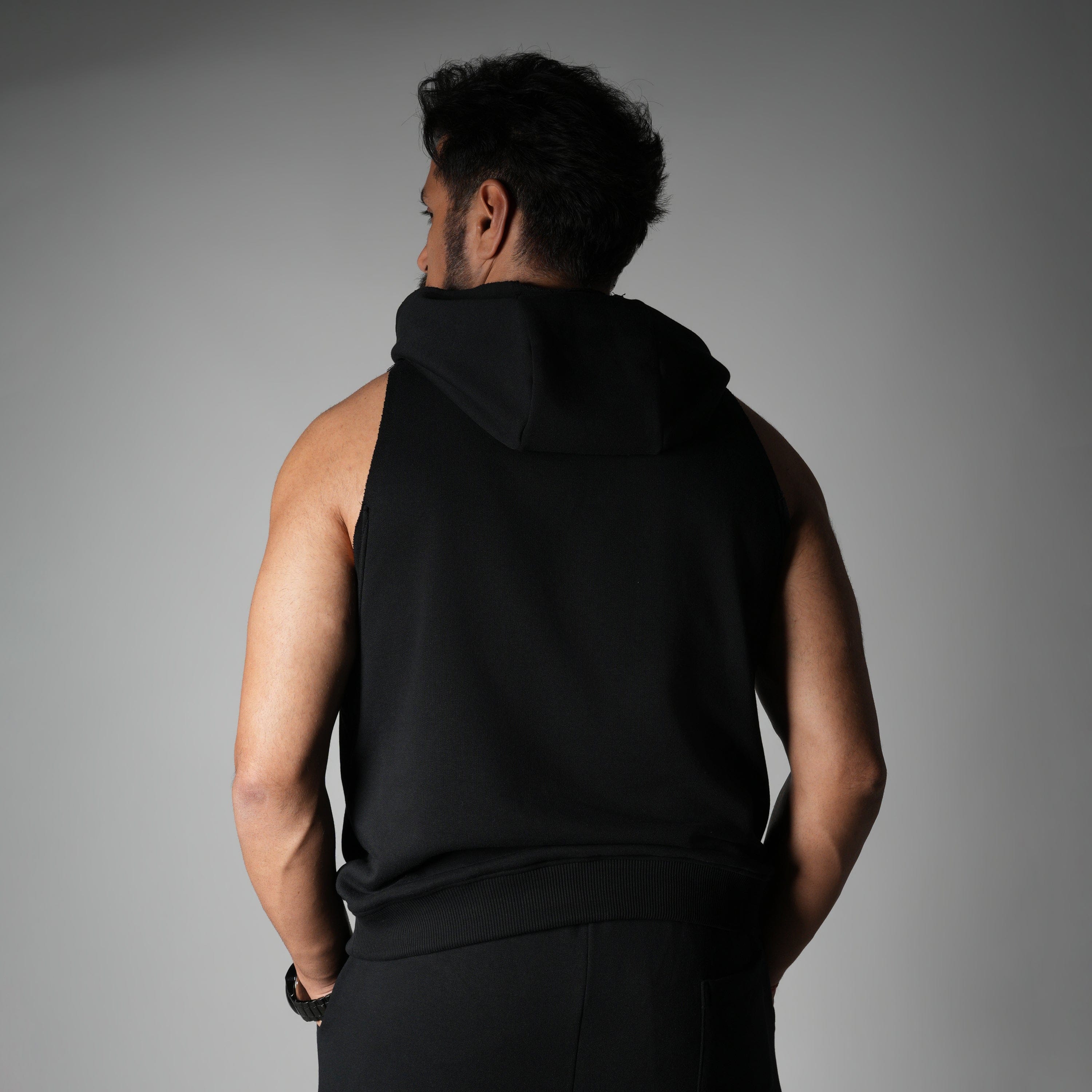 Hophead BLACK RAW EDGE SLEEVELESS HOODIE