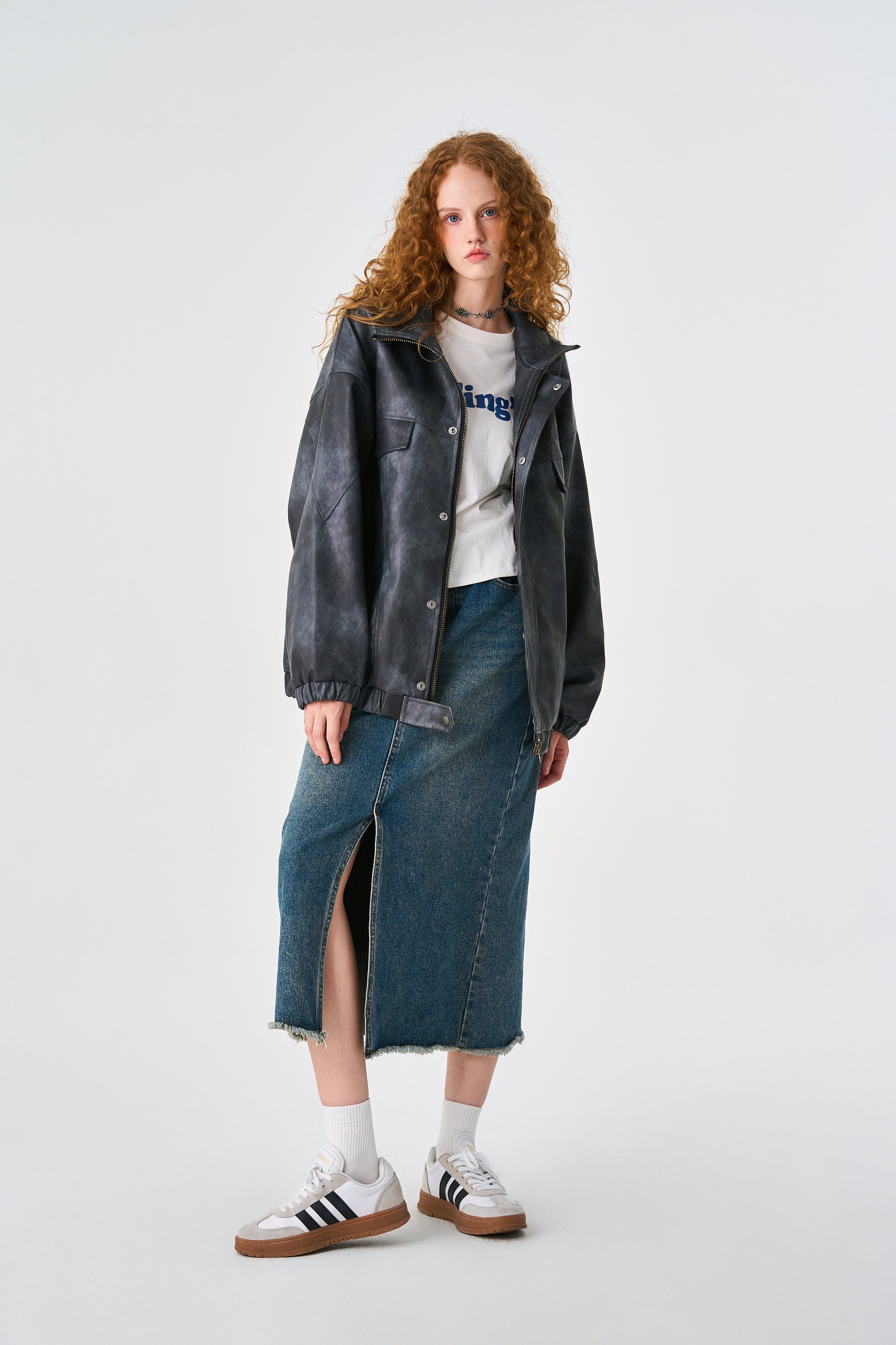 Acid Grey Oversized Bomber Leather Jacket